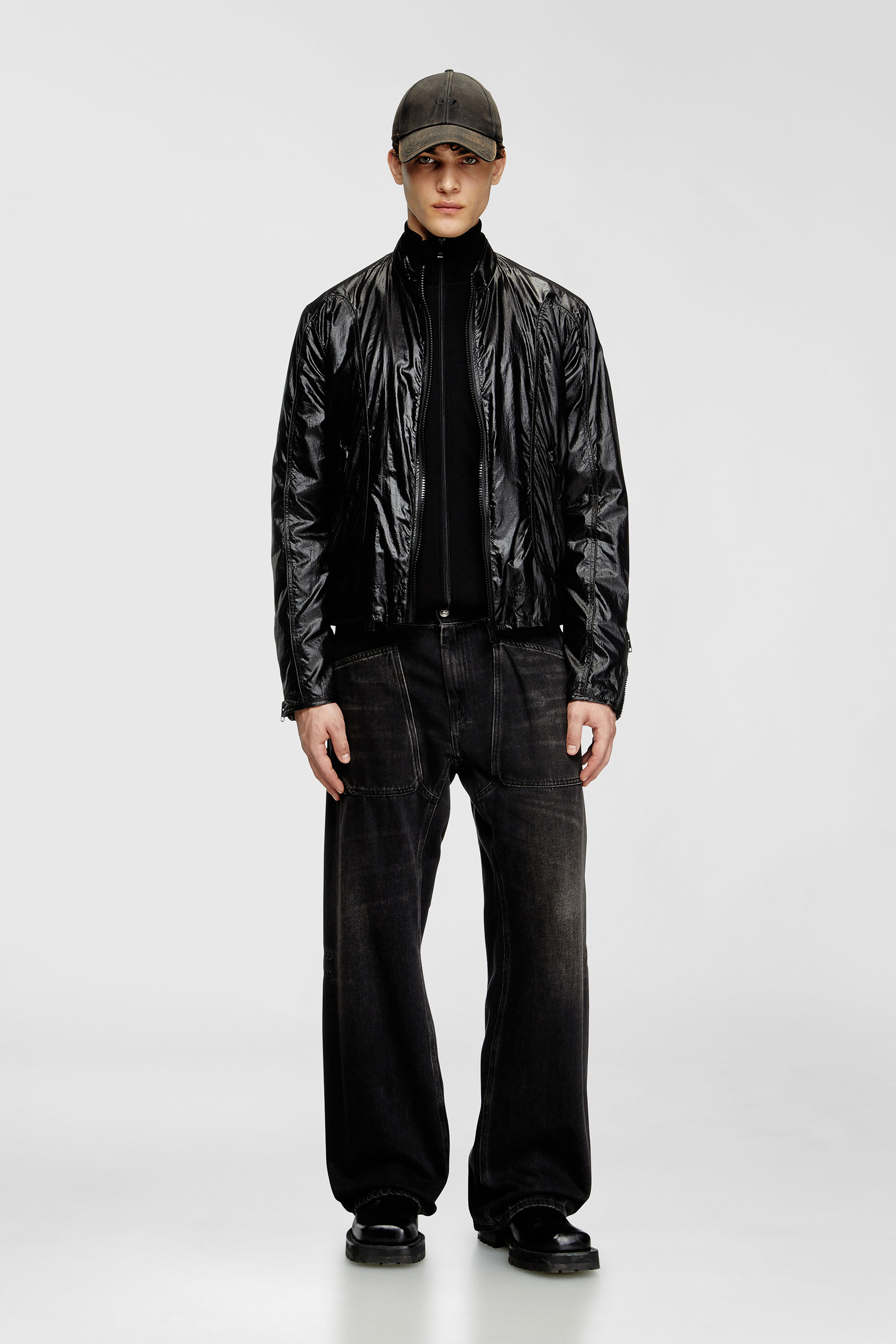 Diesel - J-CLAYS, Man's Biker jacket in shiny ripstop in Black - 2