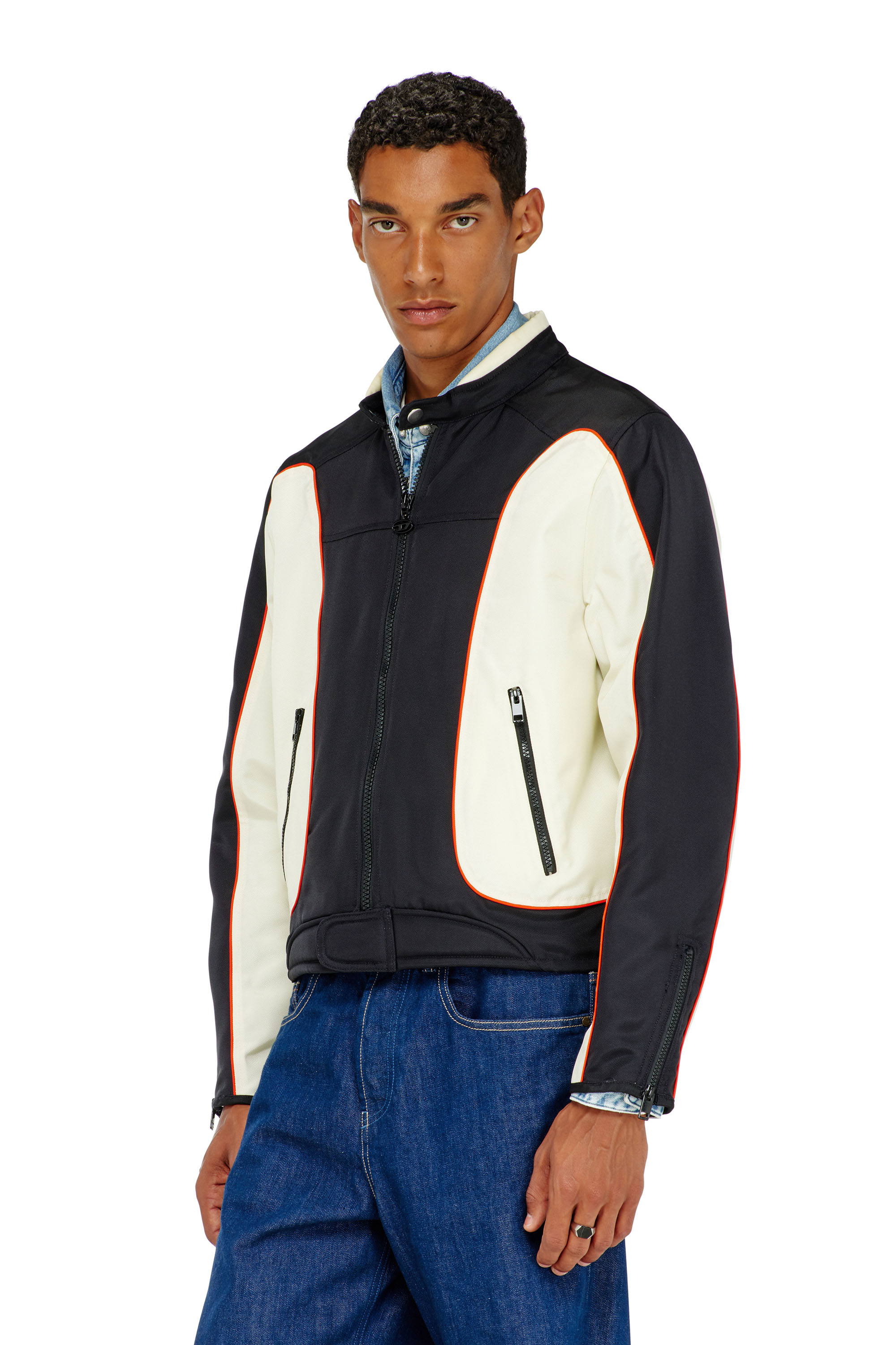 Diesel - J-BLINK-A, Man's Colour-block biker jacket with piping in White/Black - 1