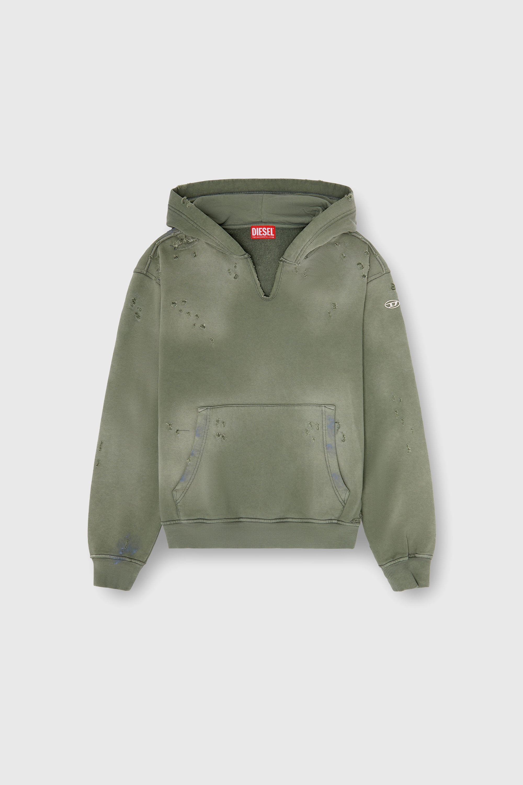 Diesel - S-KEITHY, Man's Distressed hoodie with V-neck in Olive Green - 2