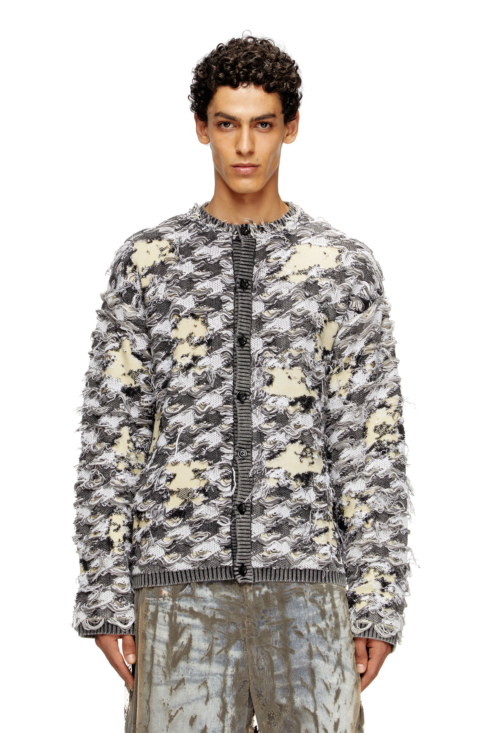 Diesel - K-VALBOR, Man's Cardigan in devoré houndstooth jacquard in Grey/White - 1