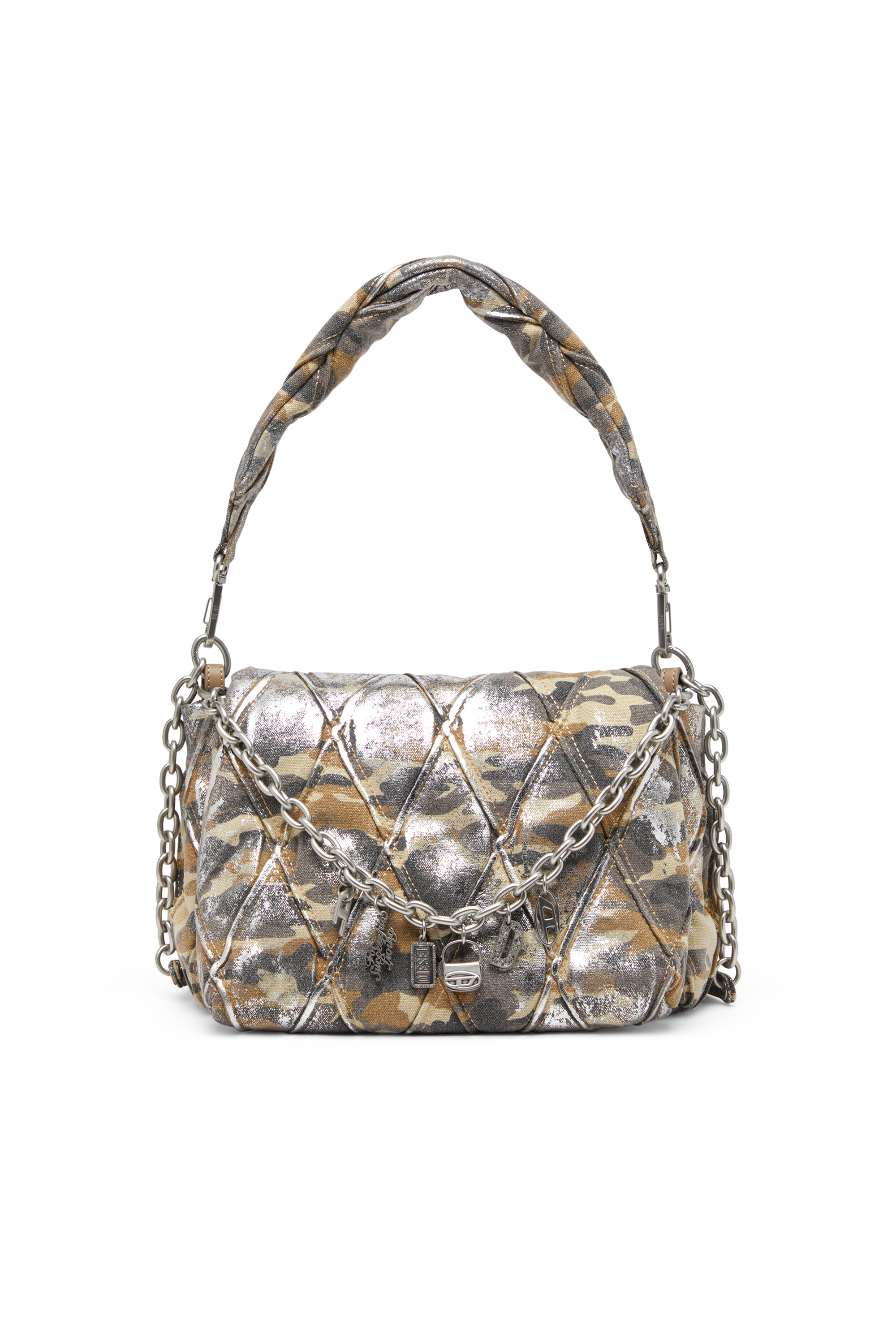 Diesel - CHARM-D SHOULDER M, Woman's Shoulder bag in metallic camo canvas in Multicolor/Brown - 2