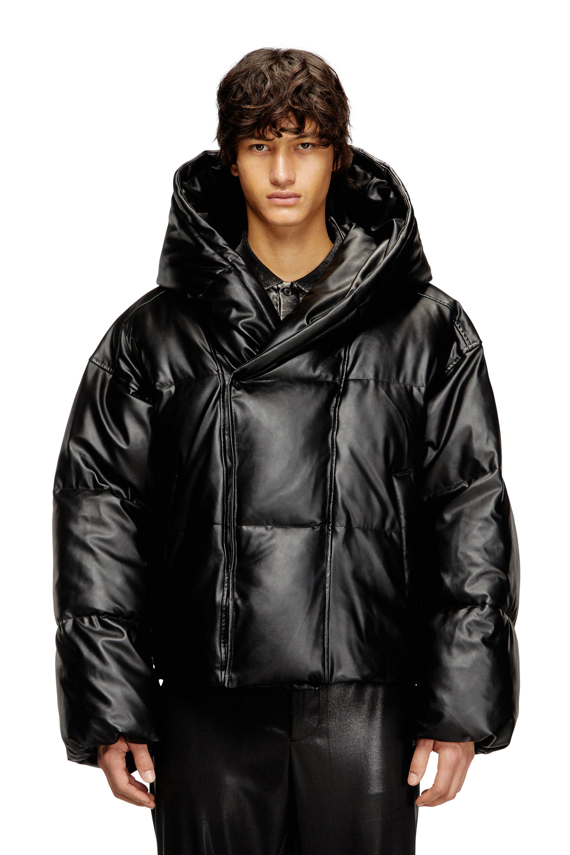 Diesel - W-MYLEY, Man's Hooded puffer jacket in coated fabric in Black - 1