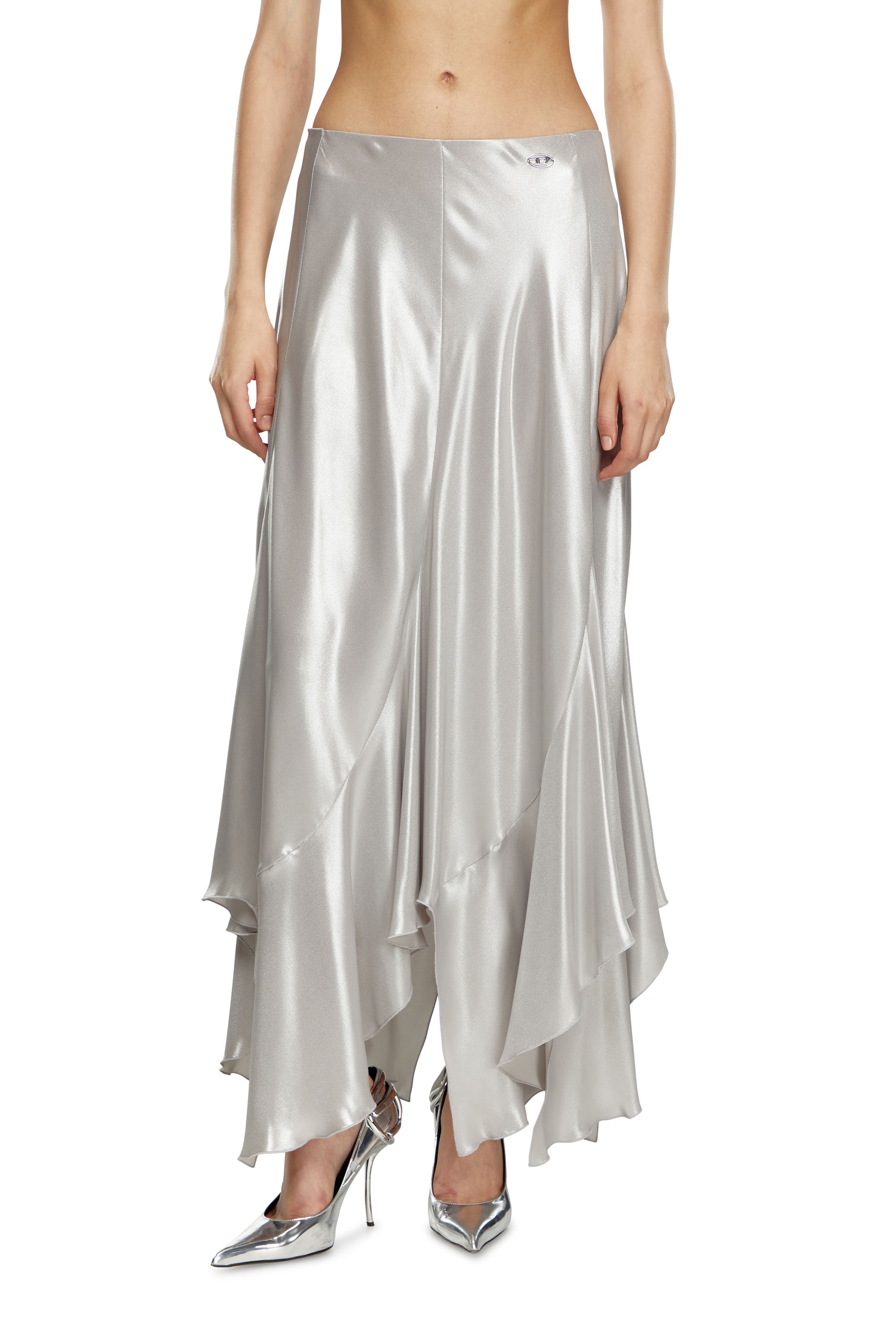 Diesel - O-NAMIT, Woman's Long asymmetric metallic skirt in Silver - 1