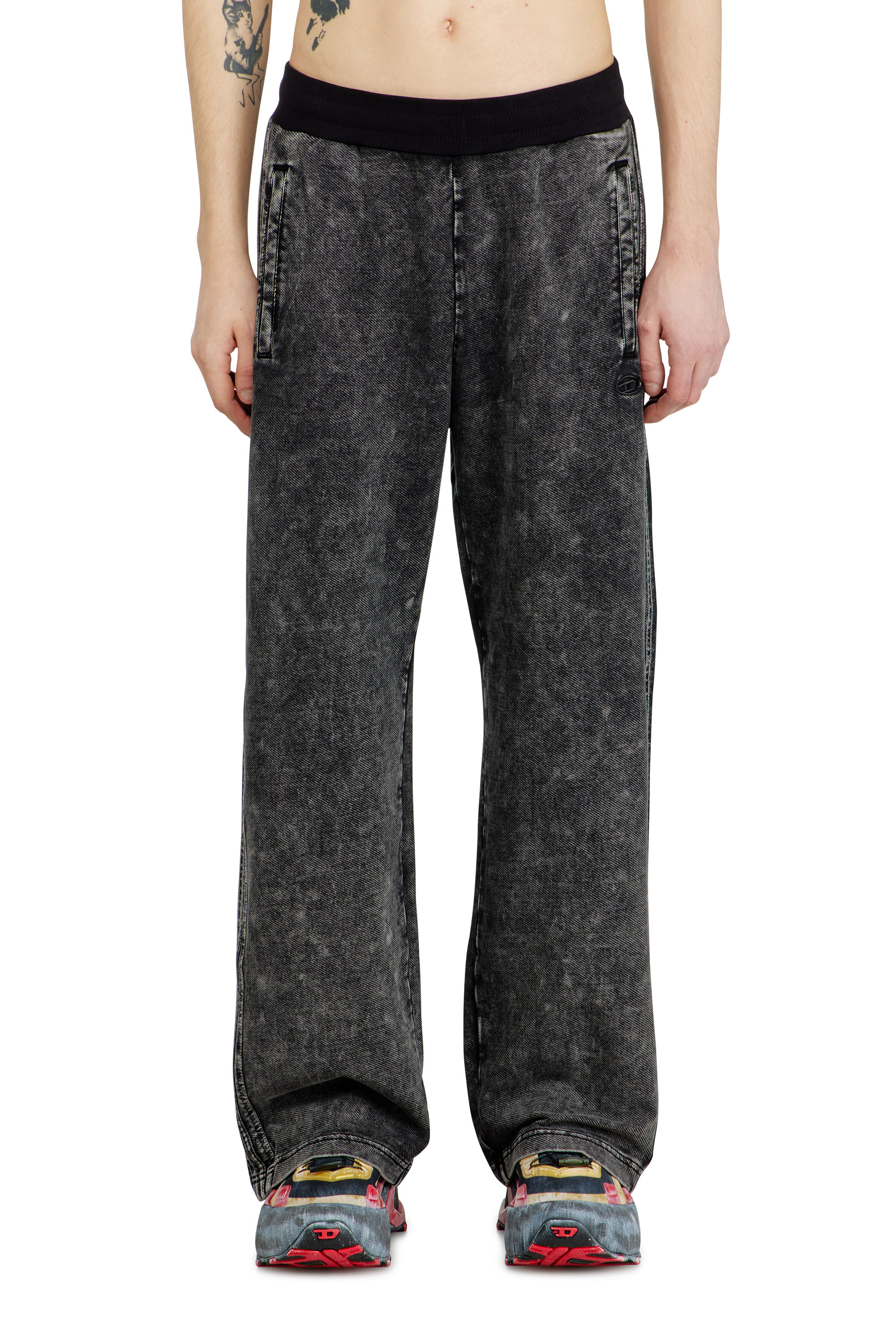 Diesel - P-ALT, Man's Denim-look sweatpants with side bands in Black/Dark grey - 1