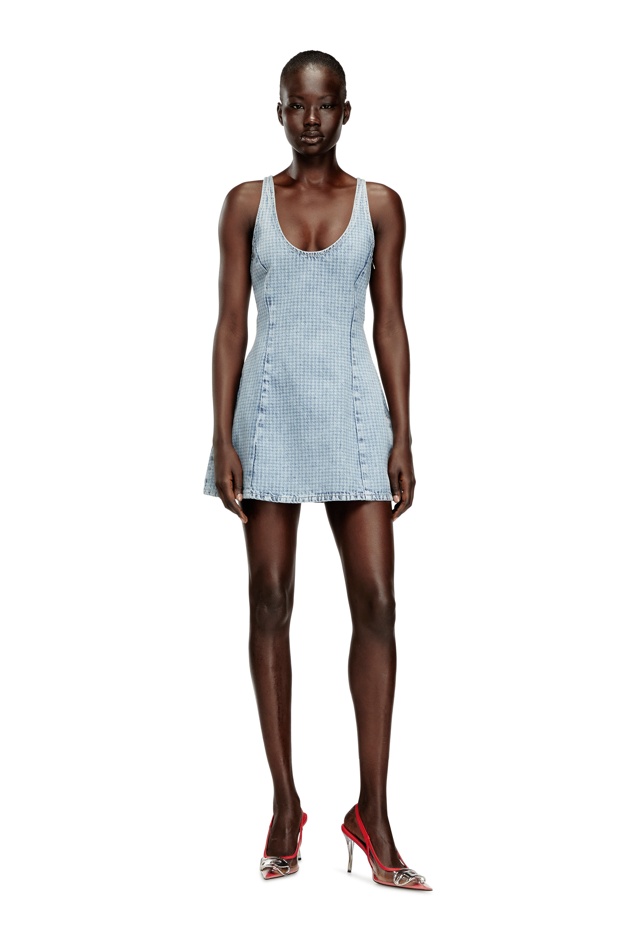 Diesel - DE-SWEENEY-S1, Woman's Short dress in houndstooth denim with crystals in Light Blue - 3