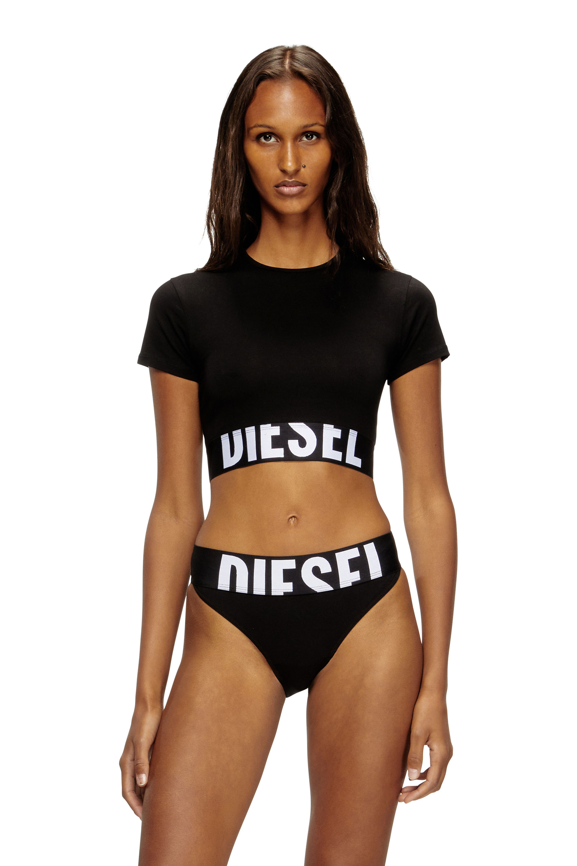 Diesel - UFTEE-SPORT-CROPPED-T-SHIRT, Woman's Sporty cropped top with logo band in Black - 2