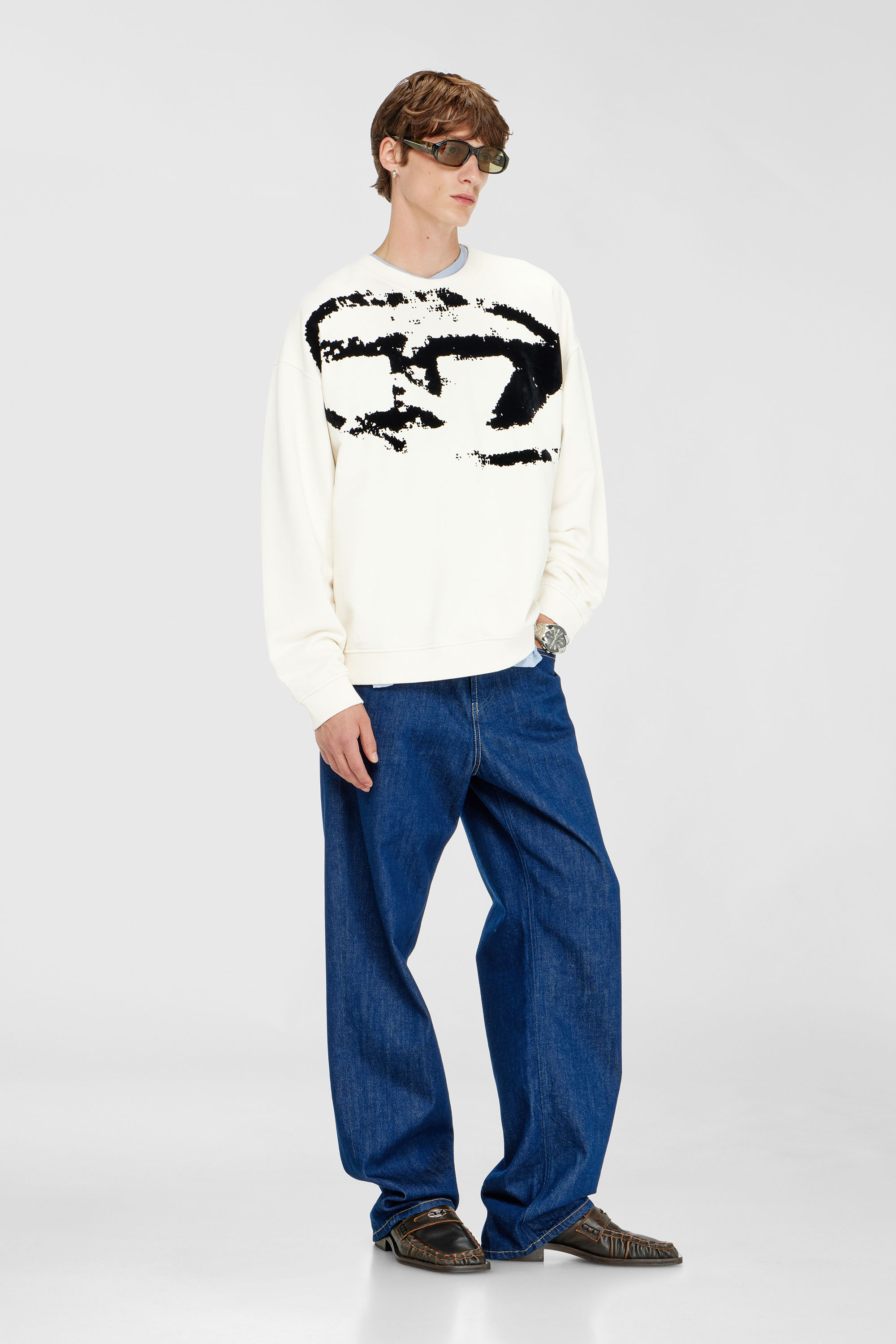 Diesel - S-BOXT-N5, Man's Cotton sweatshirt with flocked Oval D in Black/White - 1