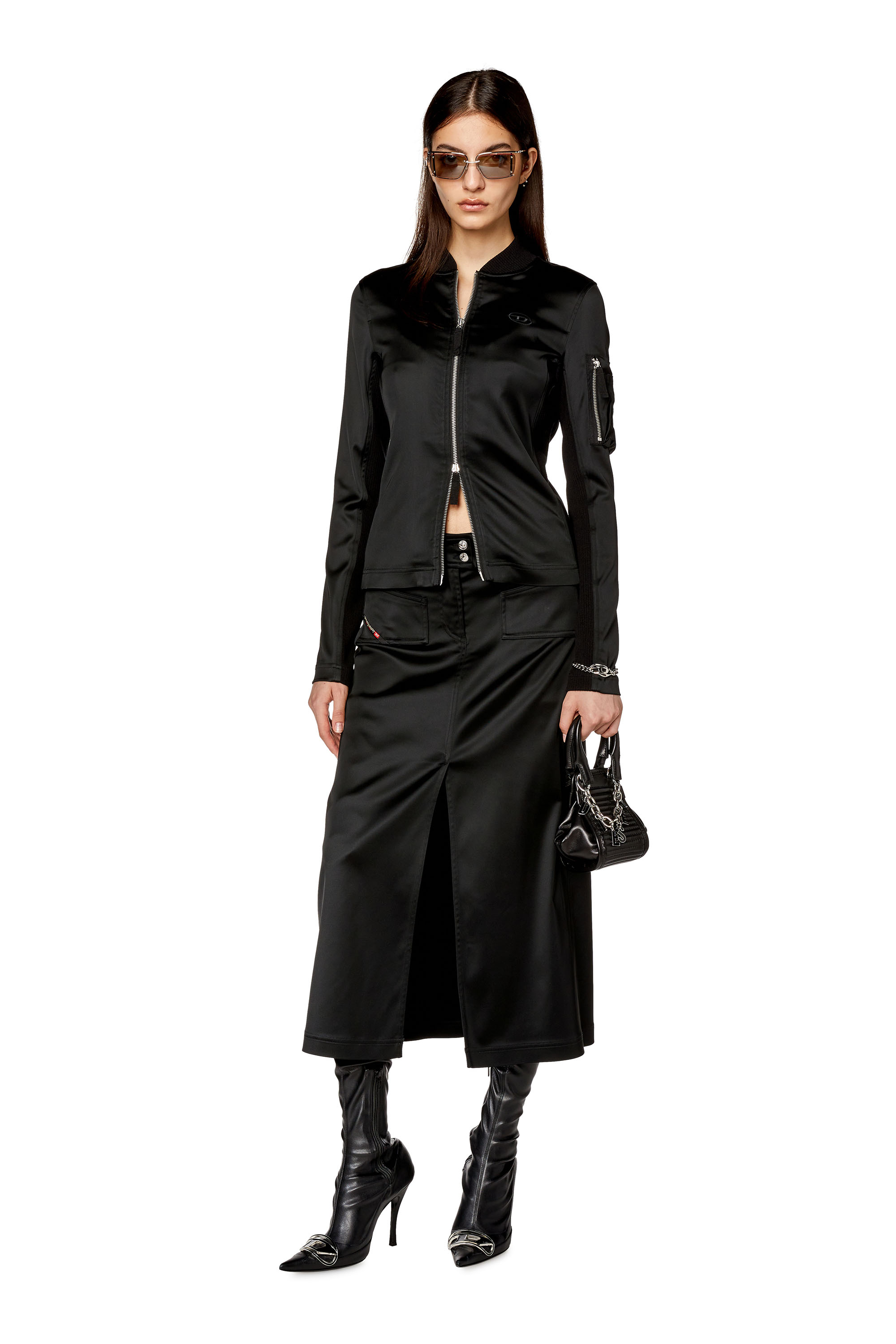 Diesel - T-OPUN, Woman Track jacket in shiny stretch satin in Black - Image 2