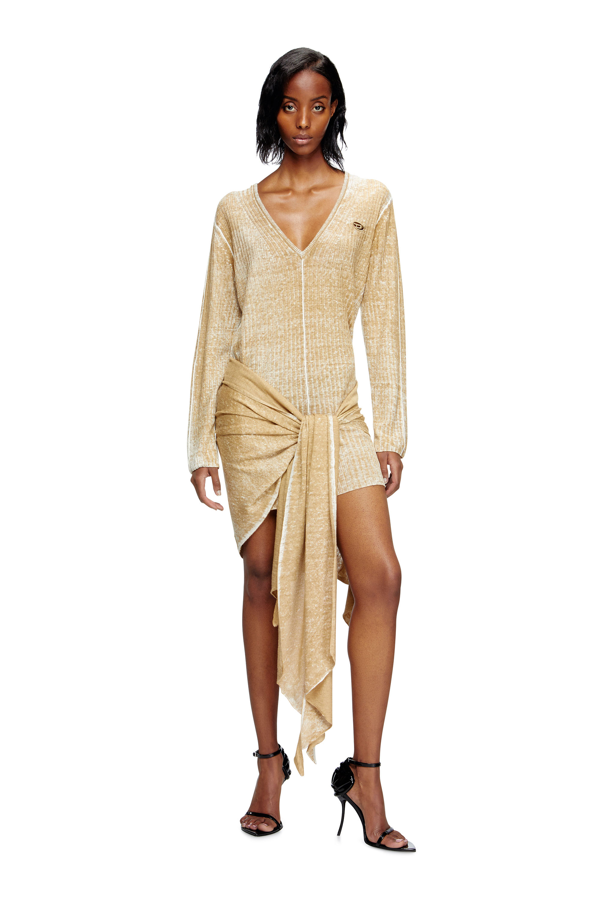 Diesel - M-EGAKNOT, Woman's Knitted dress with hip tie in Light Brown - 3