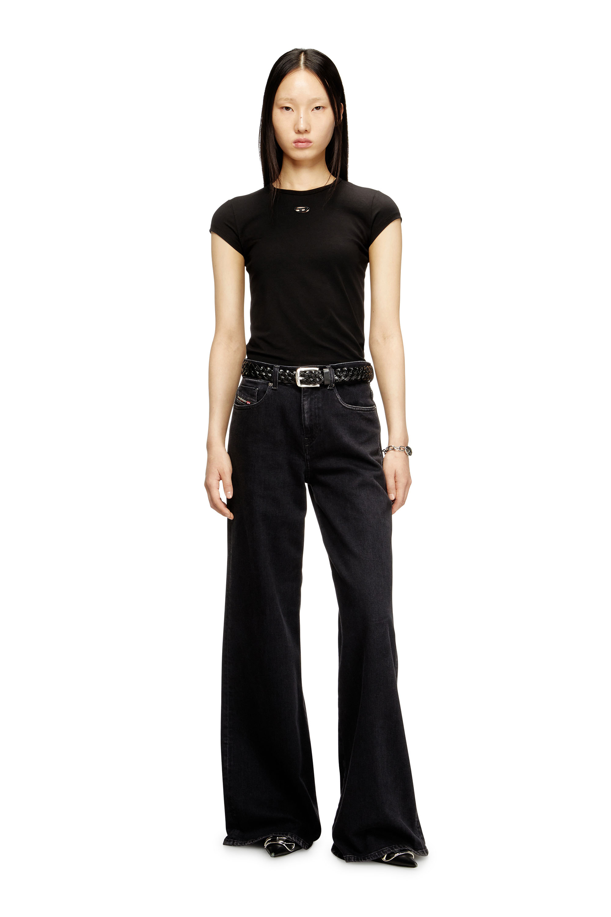 Diesel - T-ANGIE-OD, Woman's T-shirt with cut-out embroidered logo in Black - 2