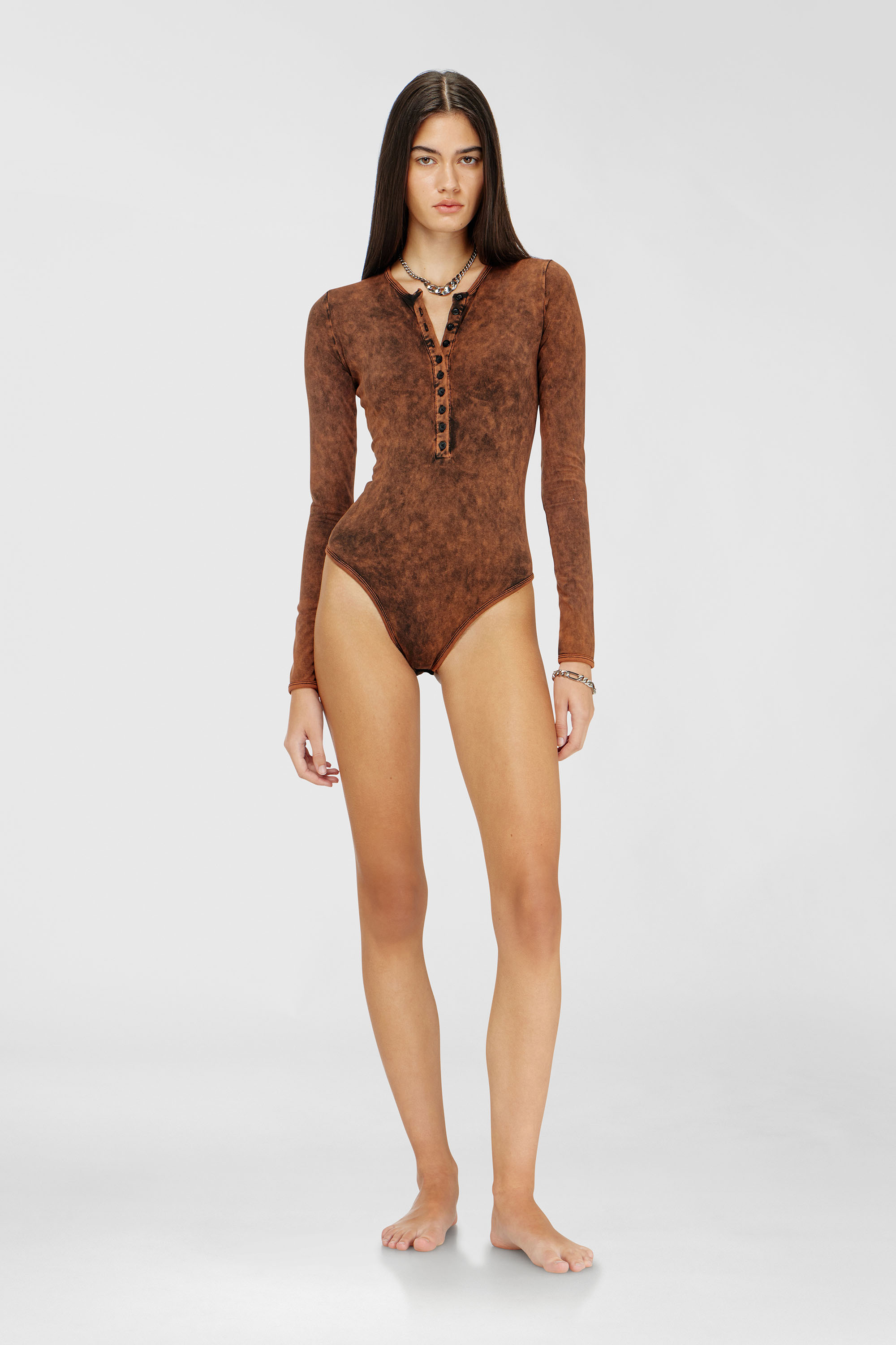 Diesel - FRESYA-DNM, Woman's Cotton bodysuit with buttoned front in Brown - 2
