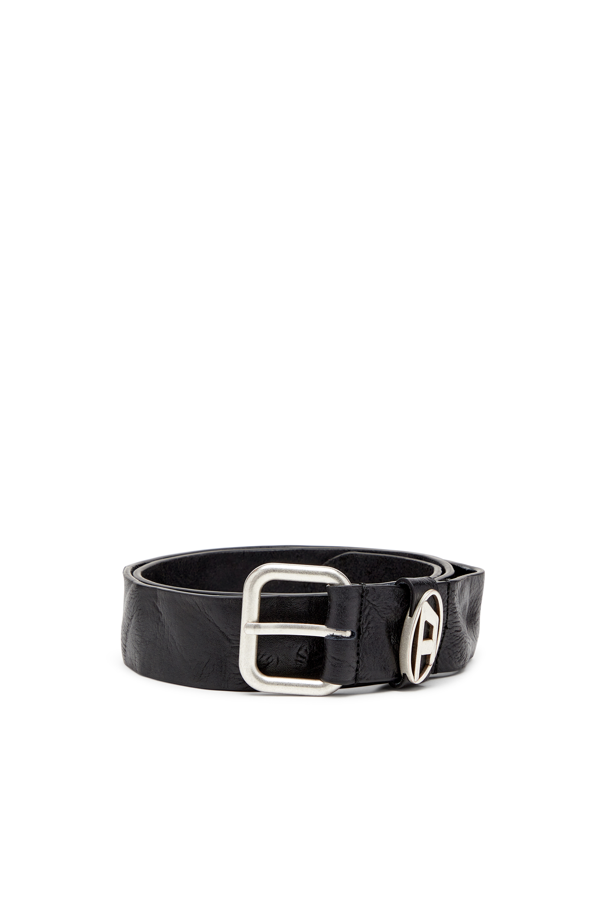 Diesel - B-1DR OVAL D LOOP, Unisex's Logo-plaque wrinkled leather belt in Black - 1