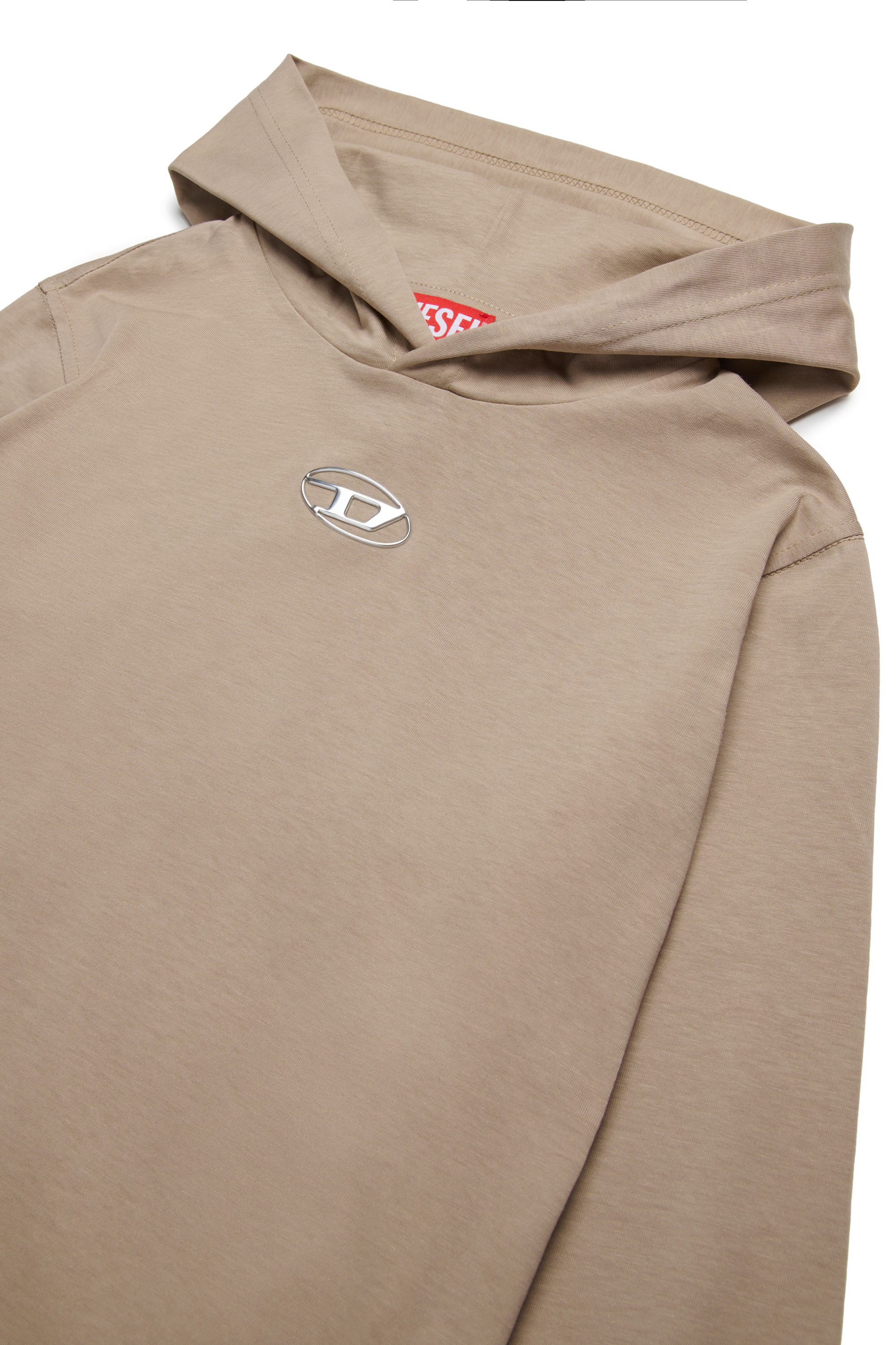 Diesel - TNICK OVER, Man's Hooded T-shirt  with metal-look Oval D logo in Light Brown - 3