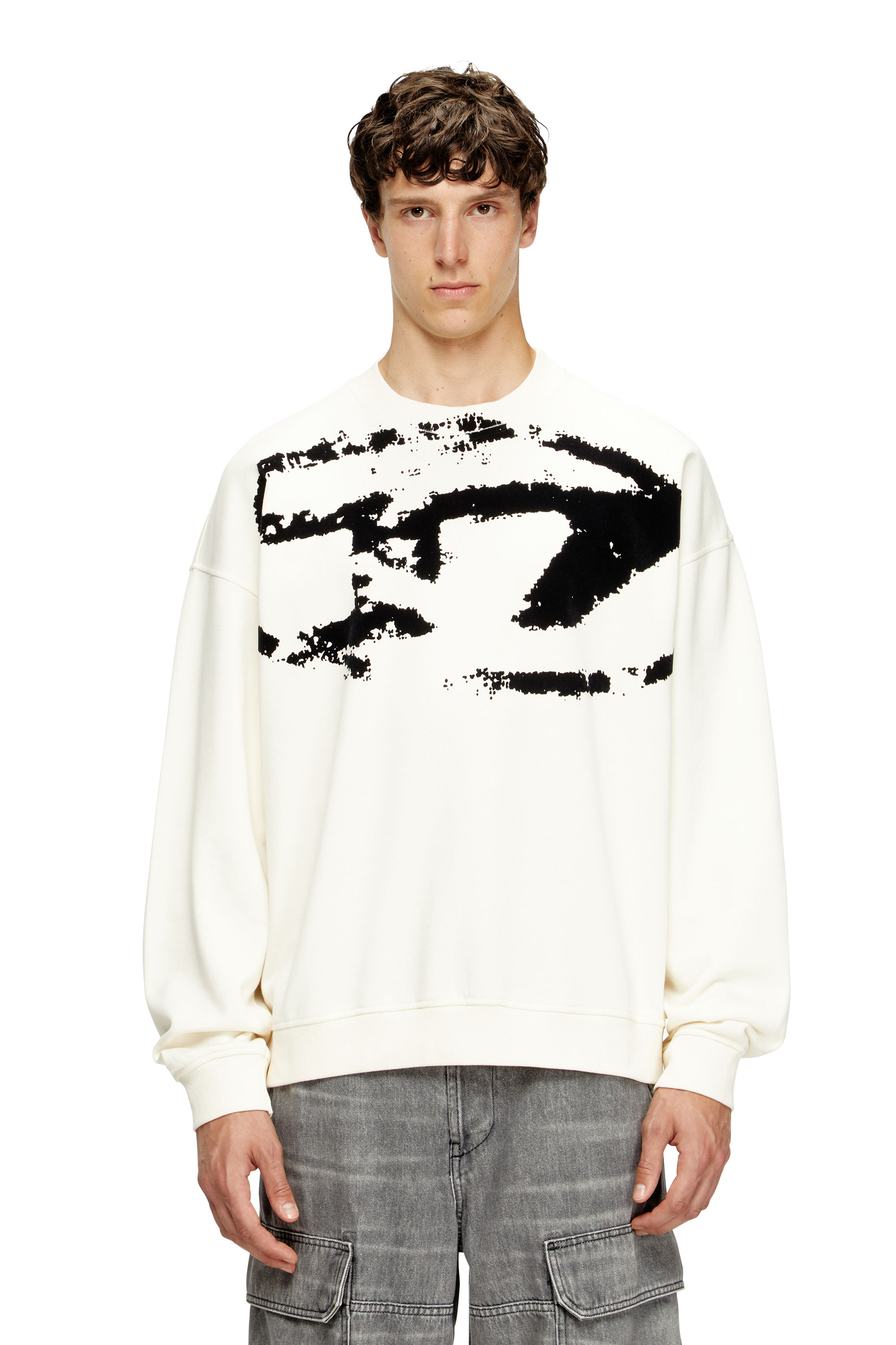 Diesel - S-BOXT-N5, Man's Sweatshirt with distressed flocked logo in White/Black - 1