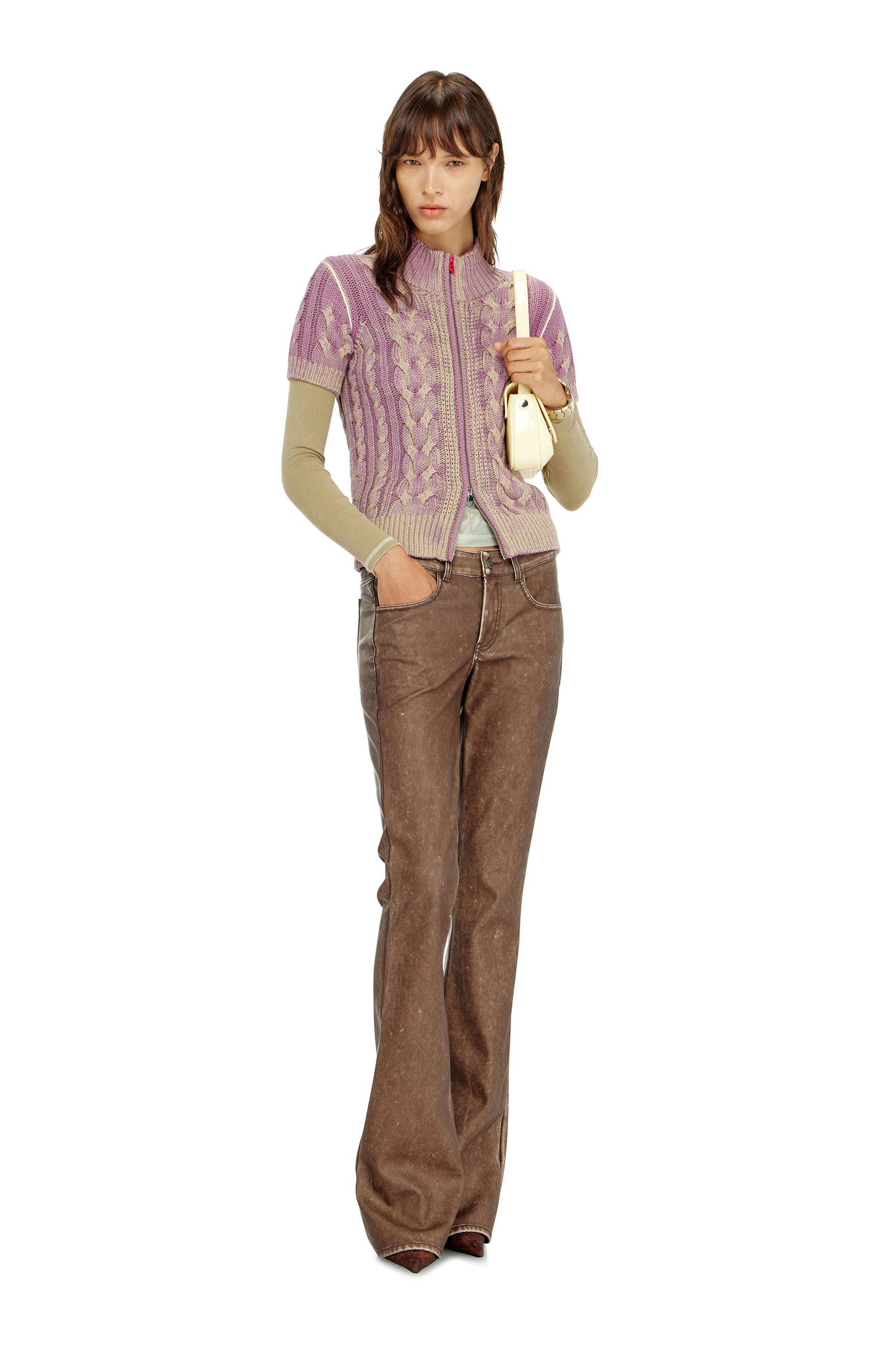 Diesel - M-ELANA, Woman's Short-sleeve zip cardigan in cable knit in Beige/Violet - 2