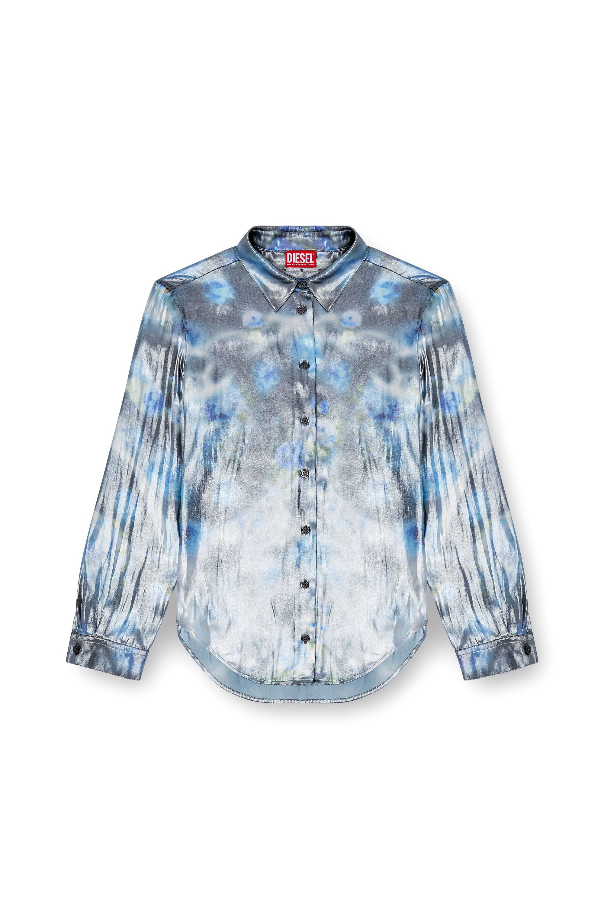 C-RONOR-S2, Blue Diesel - C-RONOR-S2, Woman's Metallic shirt with blurred roses print in Blue - 2