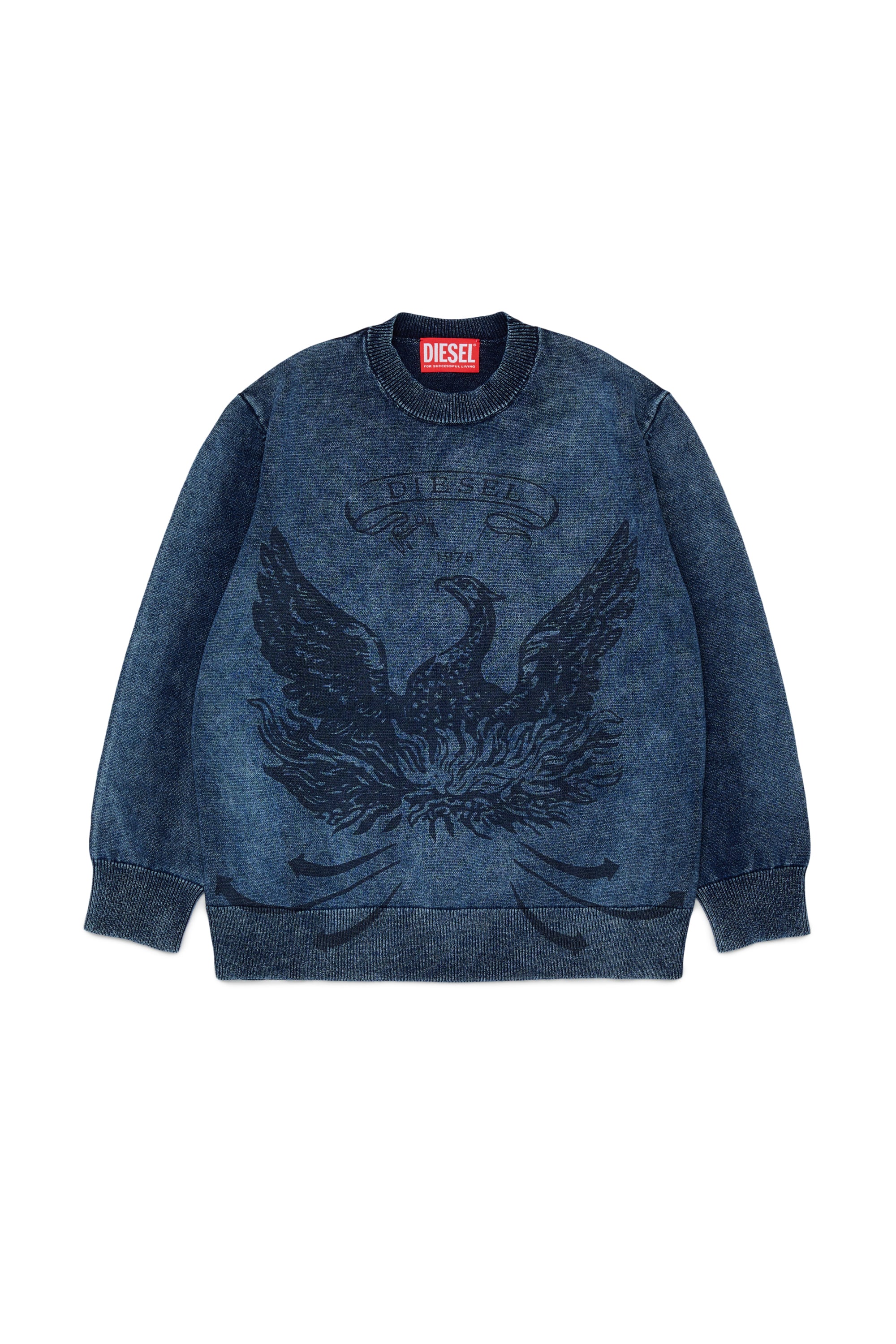 Diesel - KFINNIC OVER, Man's Denim-effect jumper with phoenix motif in Dark Blue - 1