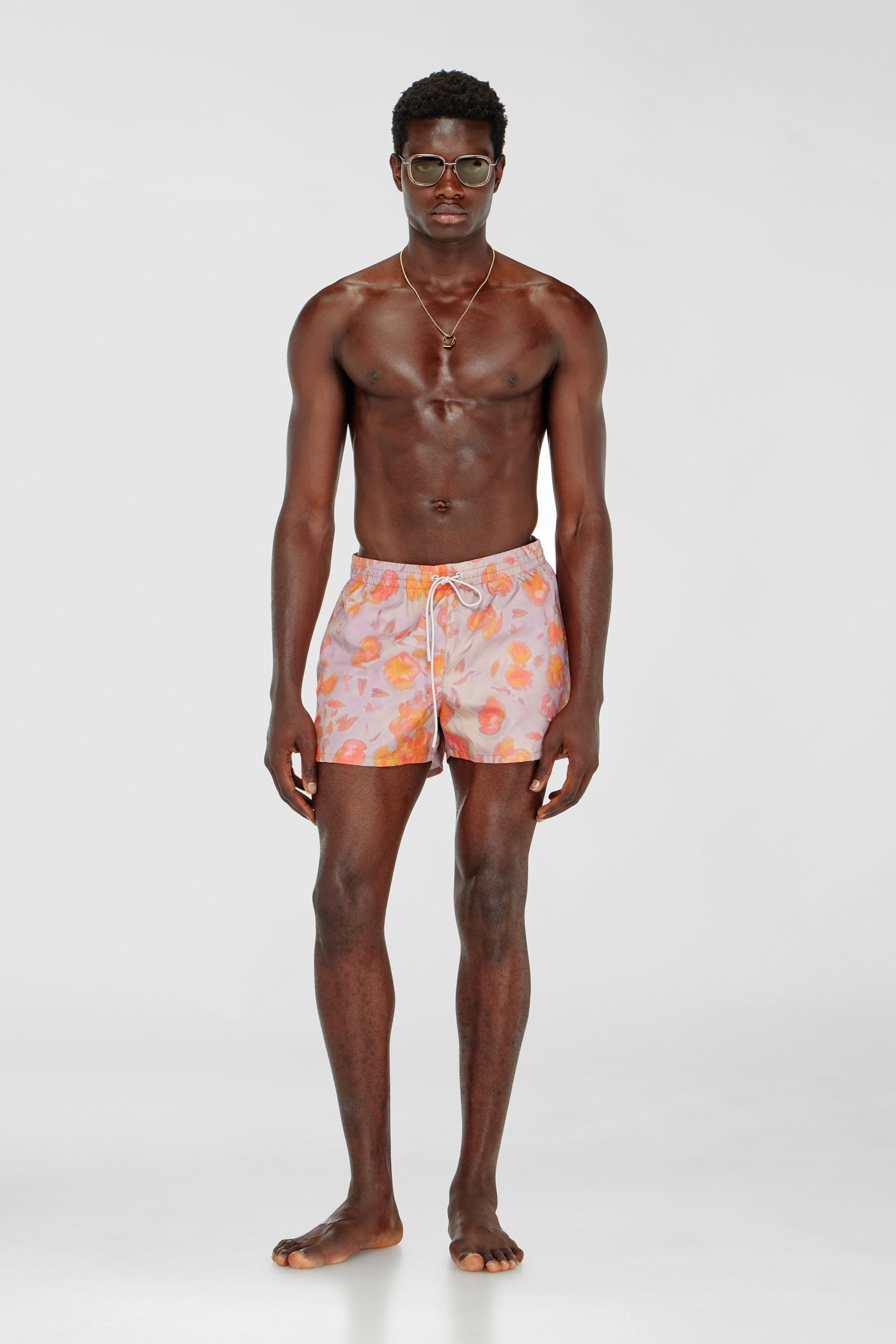 Diesel - OLLY-34-D-CORE, Man's Metallic swim shorts with floral print in Lilac - 1