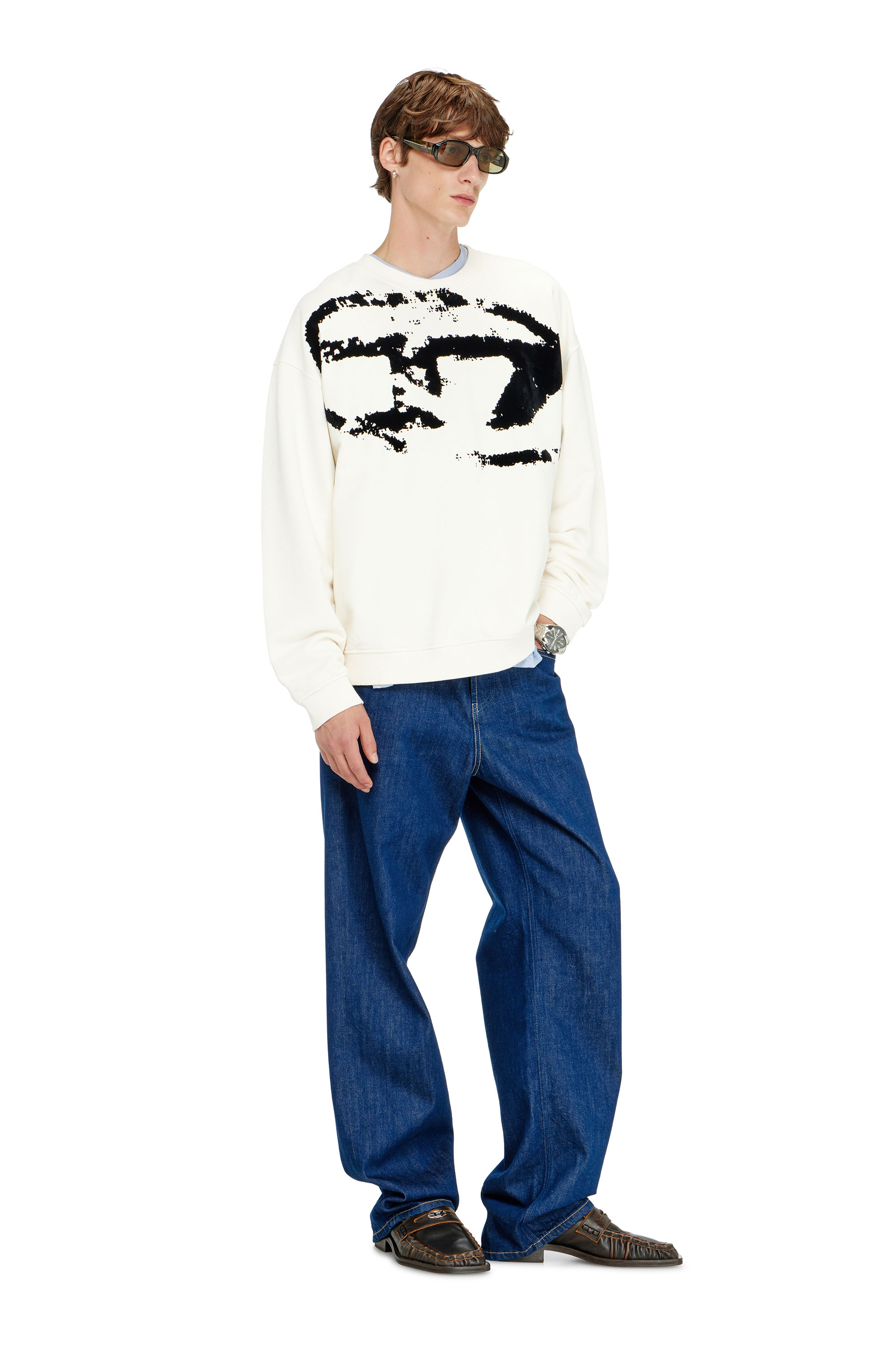 Diesel - S-BOXT-N5, Man's Cotton sweatshirt with flocked Oval D in Black/White - 2