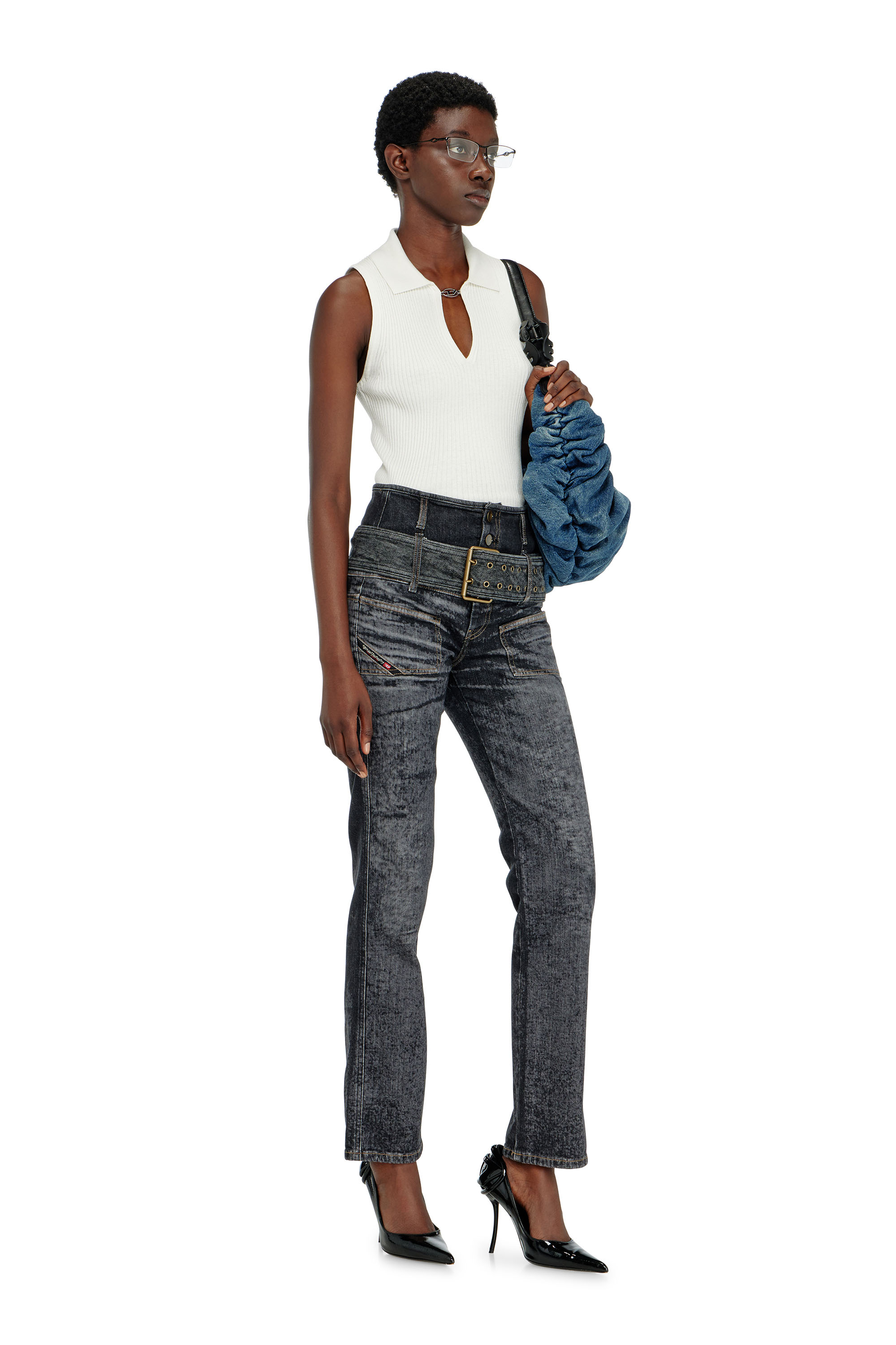 Diesel - M-LILITA, Woman's Sleeveless rib-knit polo top in silk blend in White - 1