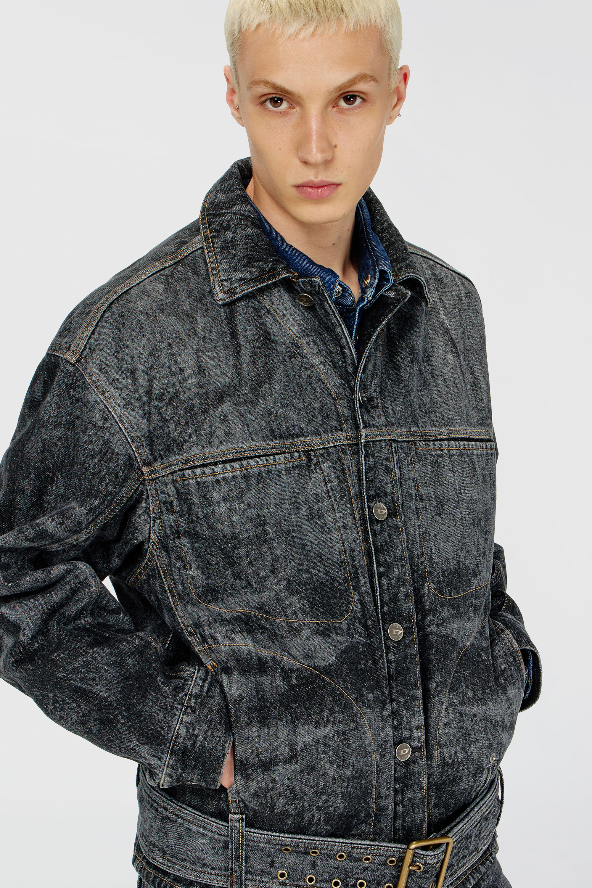 Diesel - D-VALERO-S, Man's Biker-inspired denim jacket in Dark grey - 5