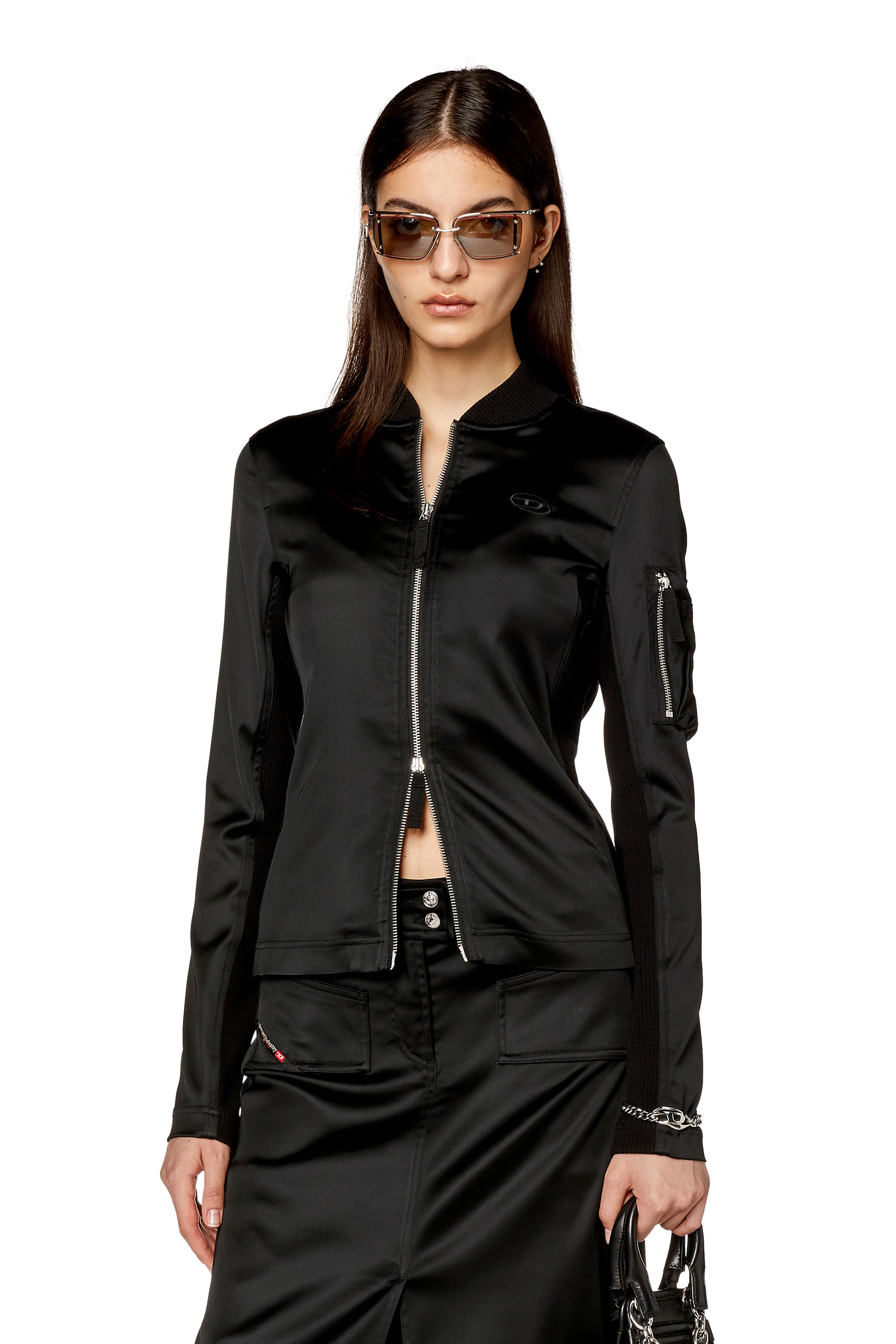 Diesel - T-OPUN, Woman Track jacket in shiny stretch satin in Black - Image 1