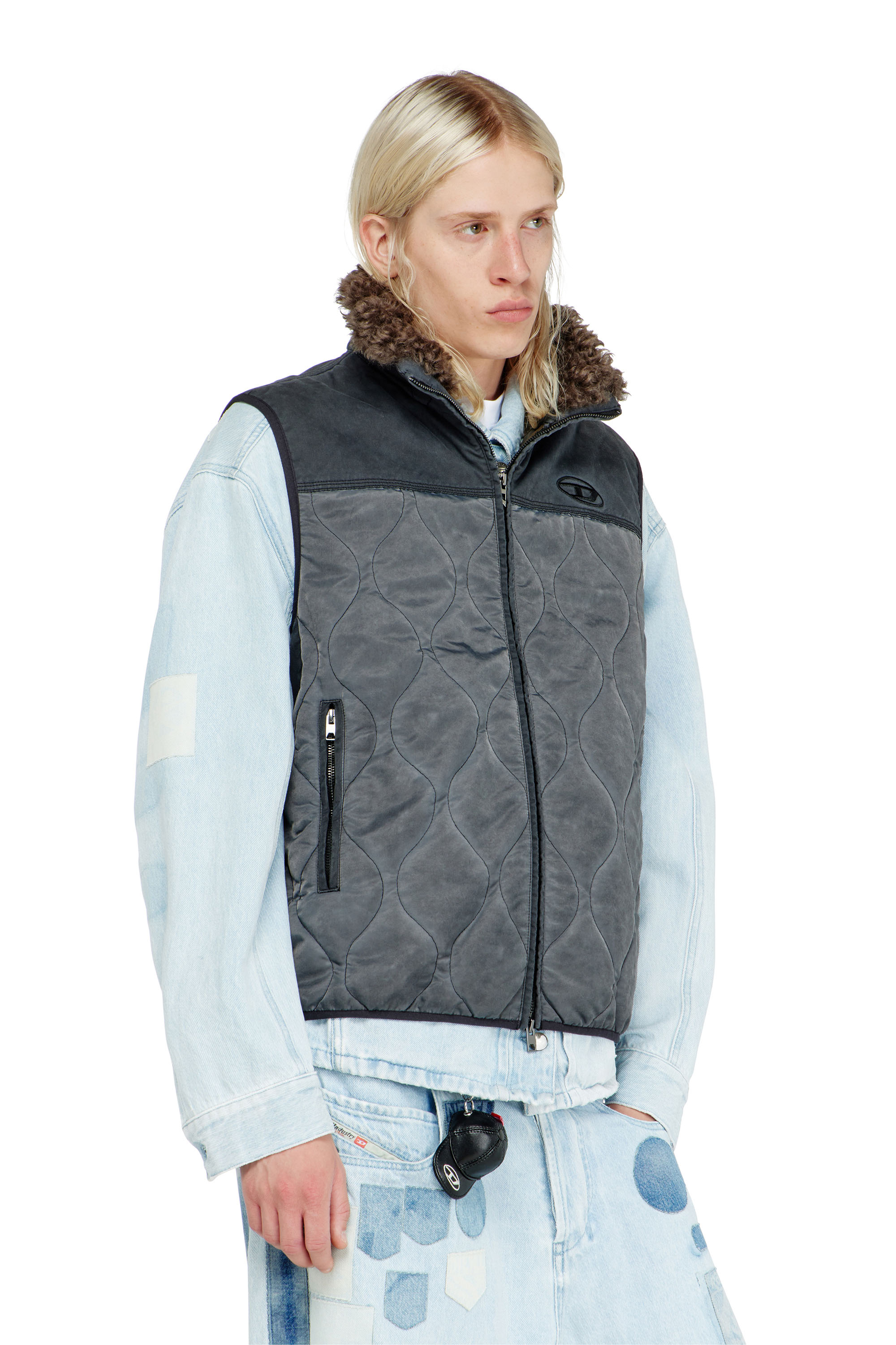 Diesel - J-ALVAR, Man's Quilted vest with fluffy neck lining in Dark grey - 3