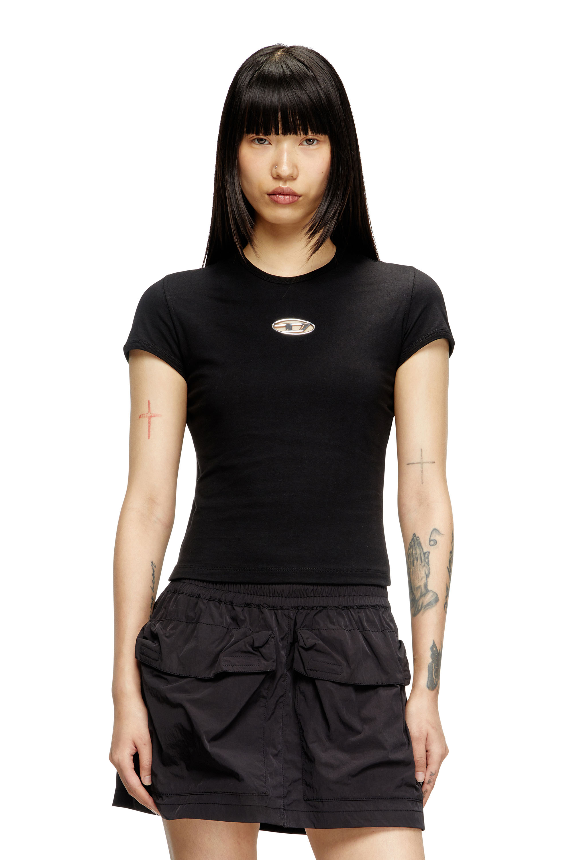Diesel - T-UNCUTIE-LONG-OD-Q1, Woman's Slim fit T-shirt with cut-out Oval D in Black - 3