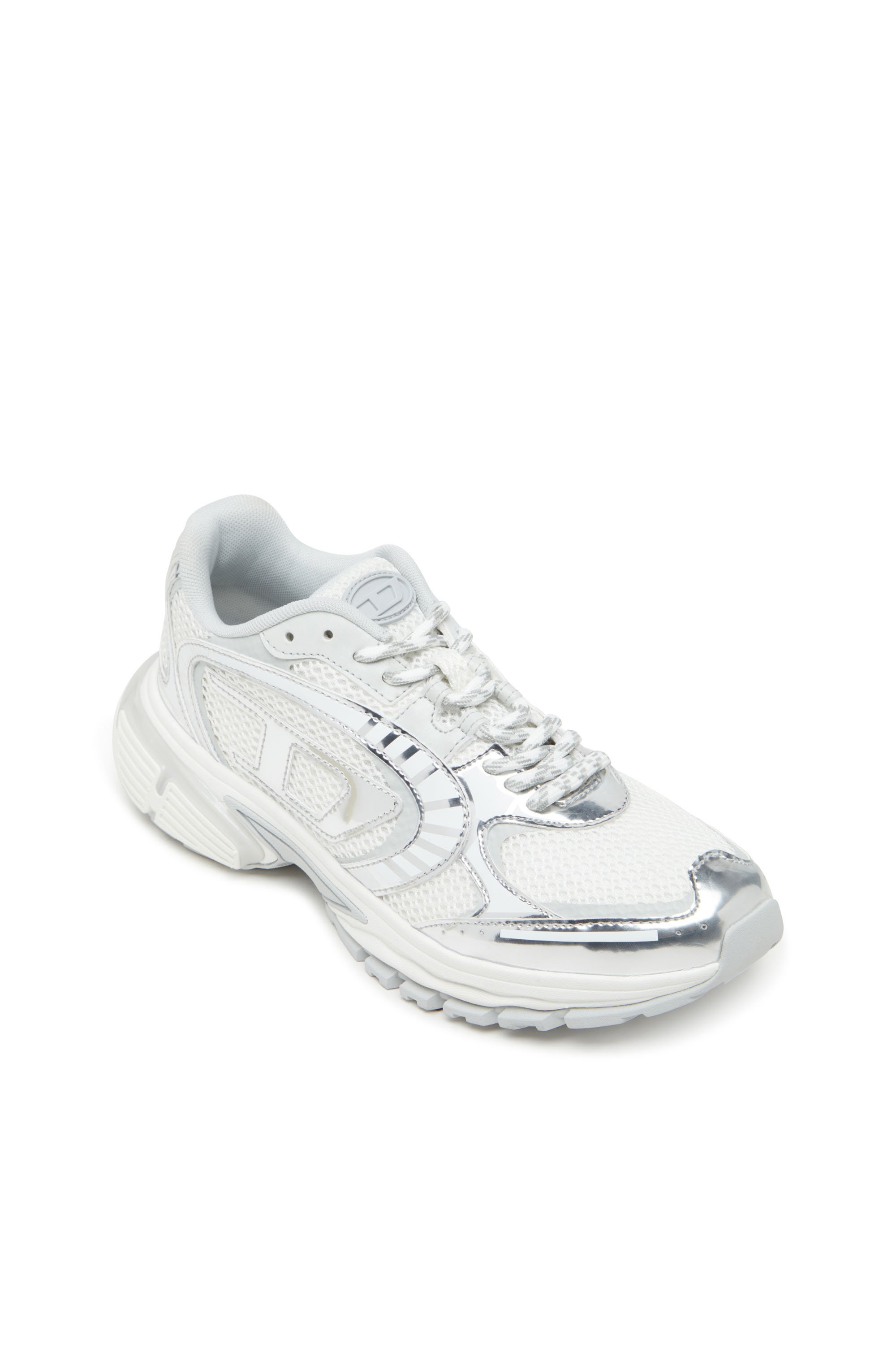 Diesel - S-PRO-V-DENSE LOW W, Woman's Metallic mesh sneakers with Oval D logo in White/Silver - 6