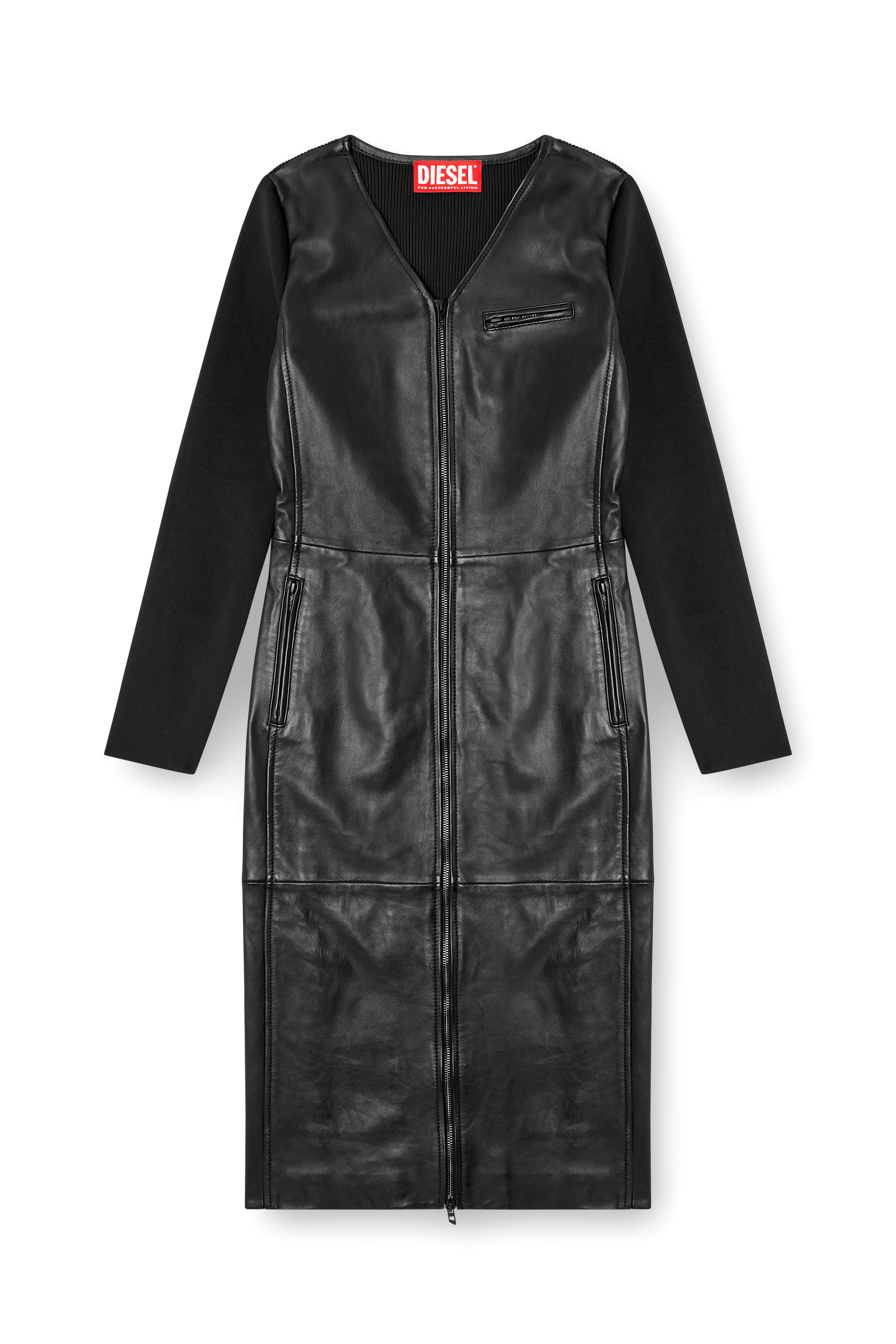 Diesel - L-OLA, Woman's Dress in leather and stretch knit in Black - 1