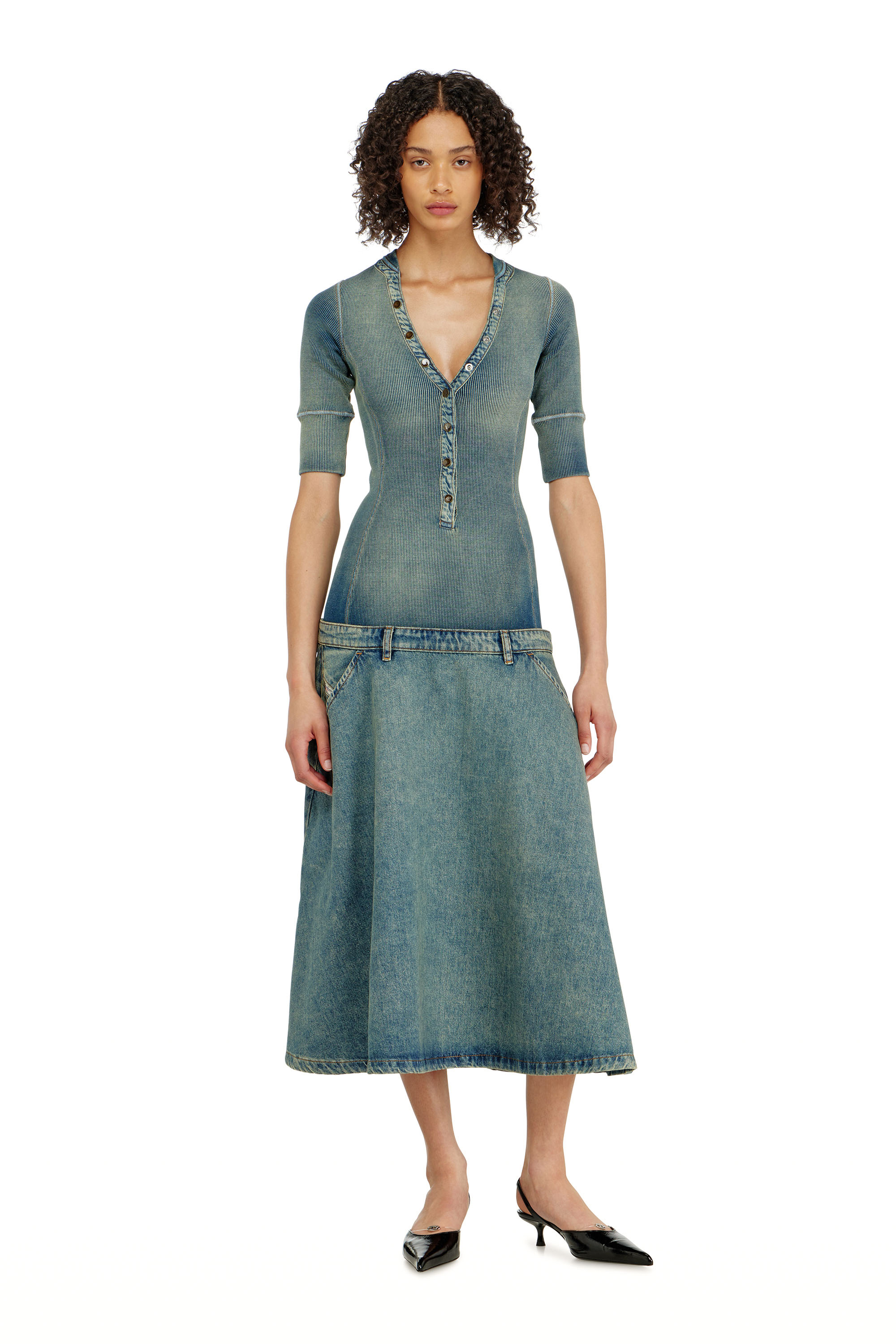 Diesel - DE-ANIM-S, Woman's Drop-waist midi dress in knit and denim in null - 3