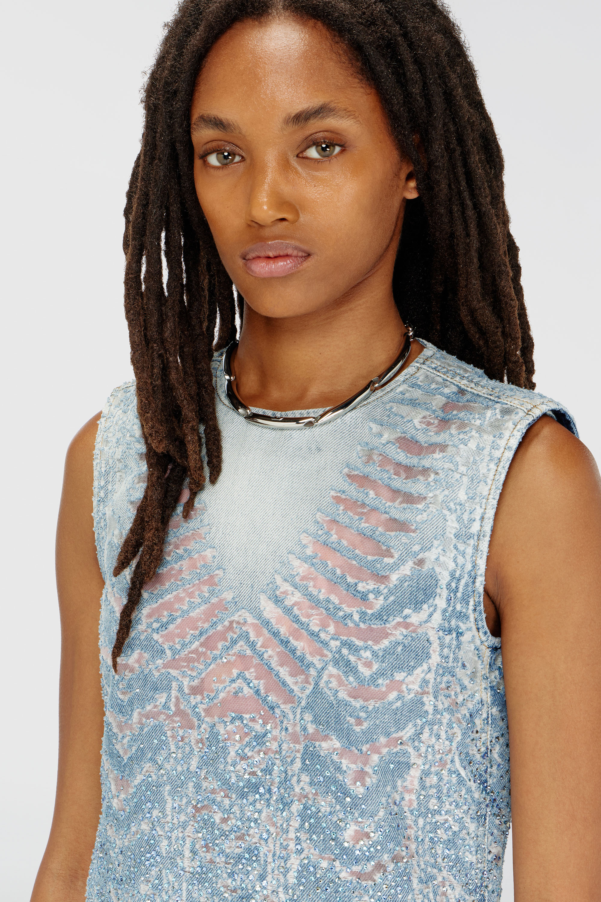 Diesel - DE-MYRELA-S, Woman's Mini dress in microstone devor&eacute; denim in Light Blue - 5