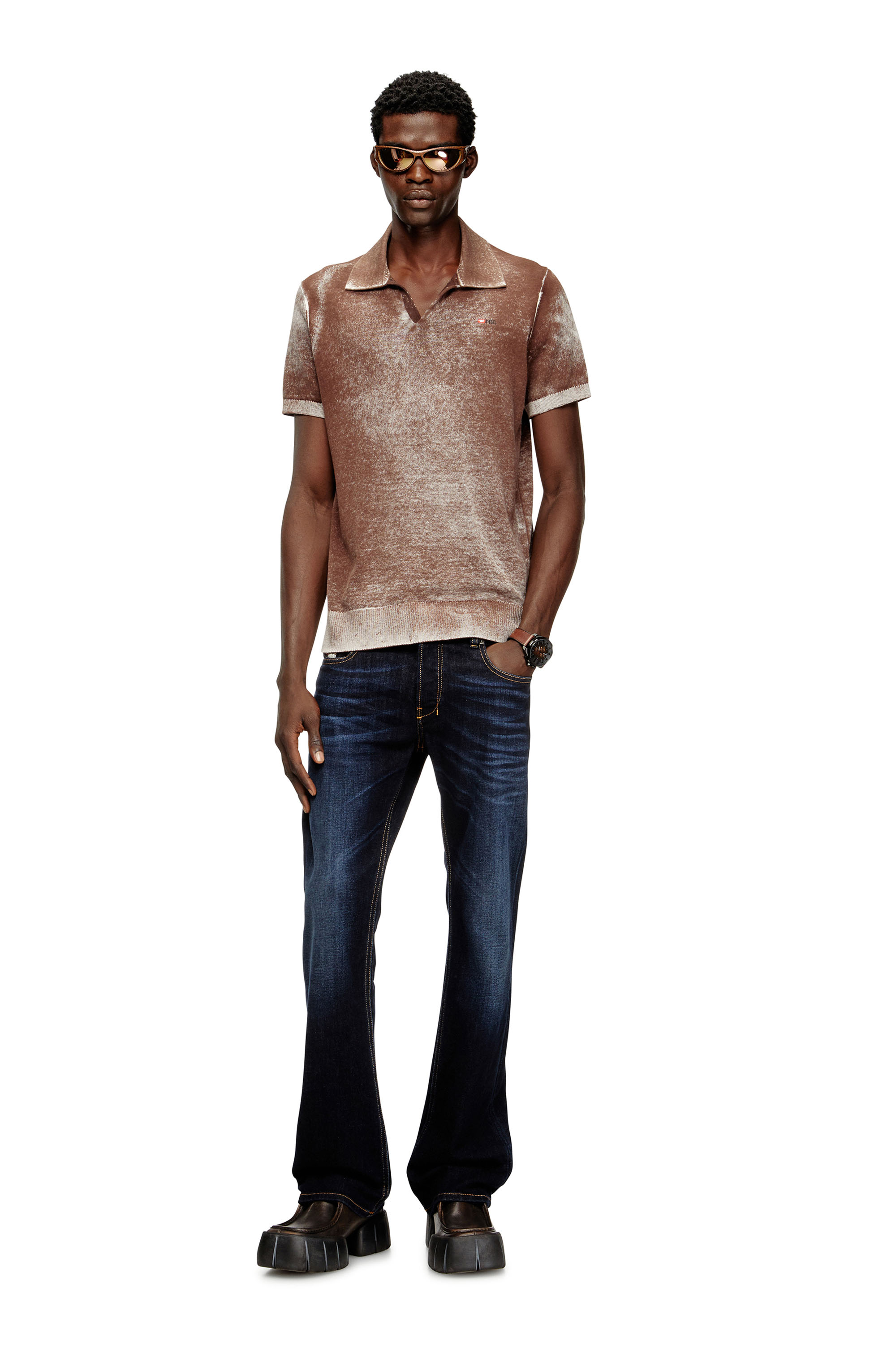 Diesel - K-LAWRIE, Man's Knit polo shirt with faded reverse print in Brown - 1