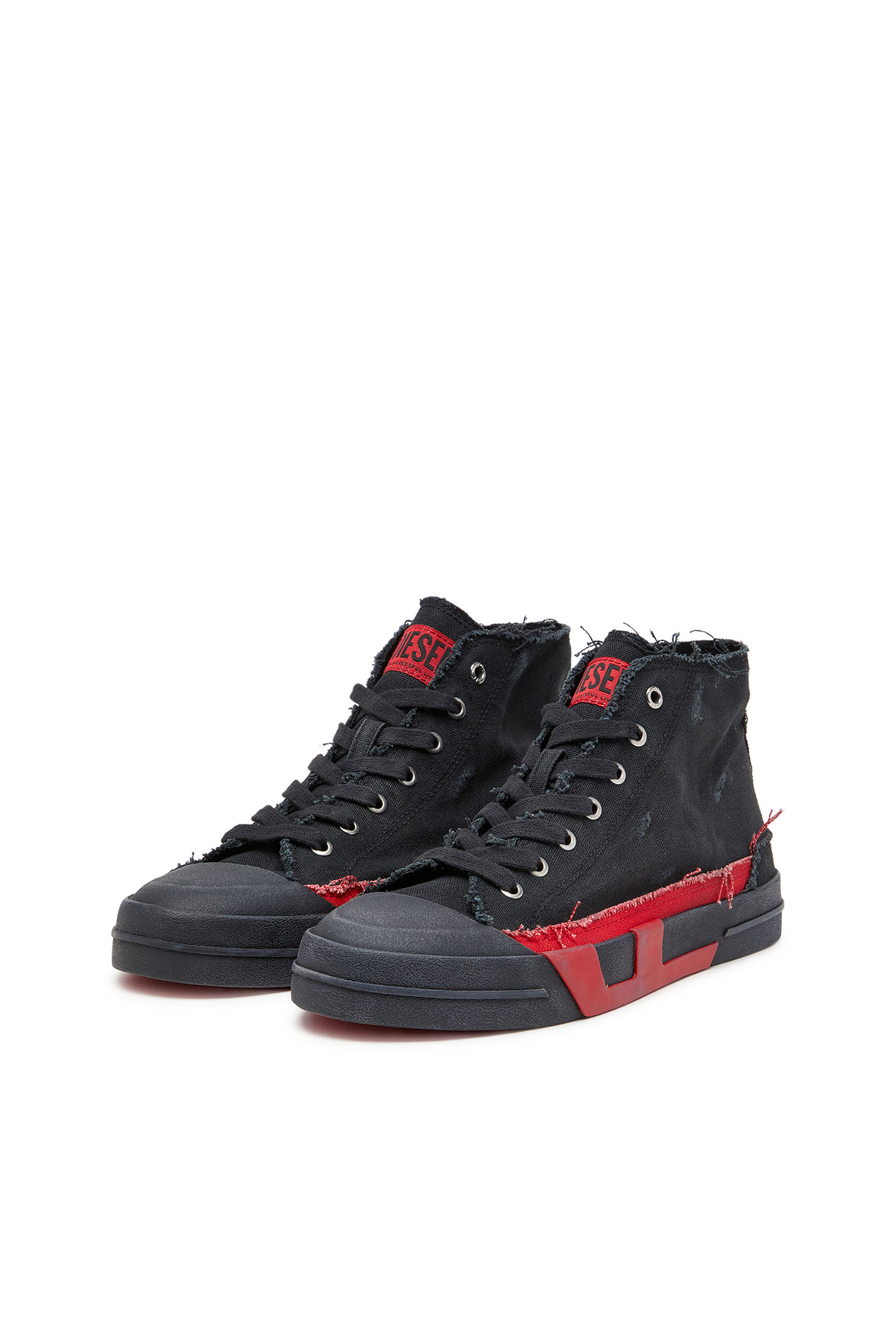 Diesel - S-D-VERSE MID II, Man's S-D-Verse-Distressed high-top sneakers in canvas in Black/Red - 9