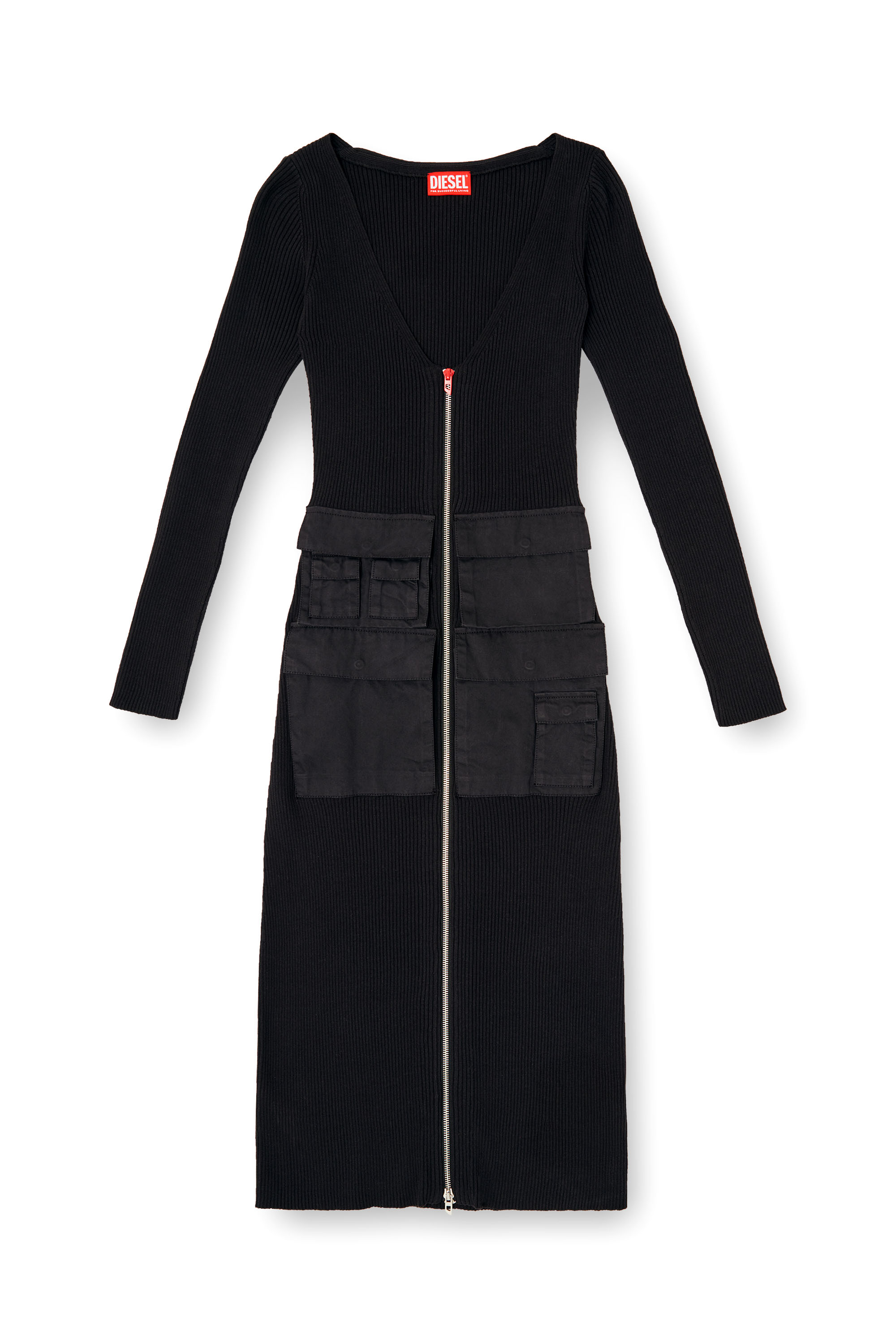 Diesel - M-MELTI-LS, Woman's Ribbed midi dress with cargo pockets in Black - 3