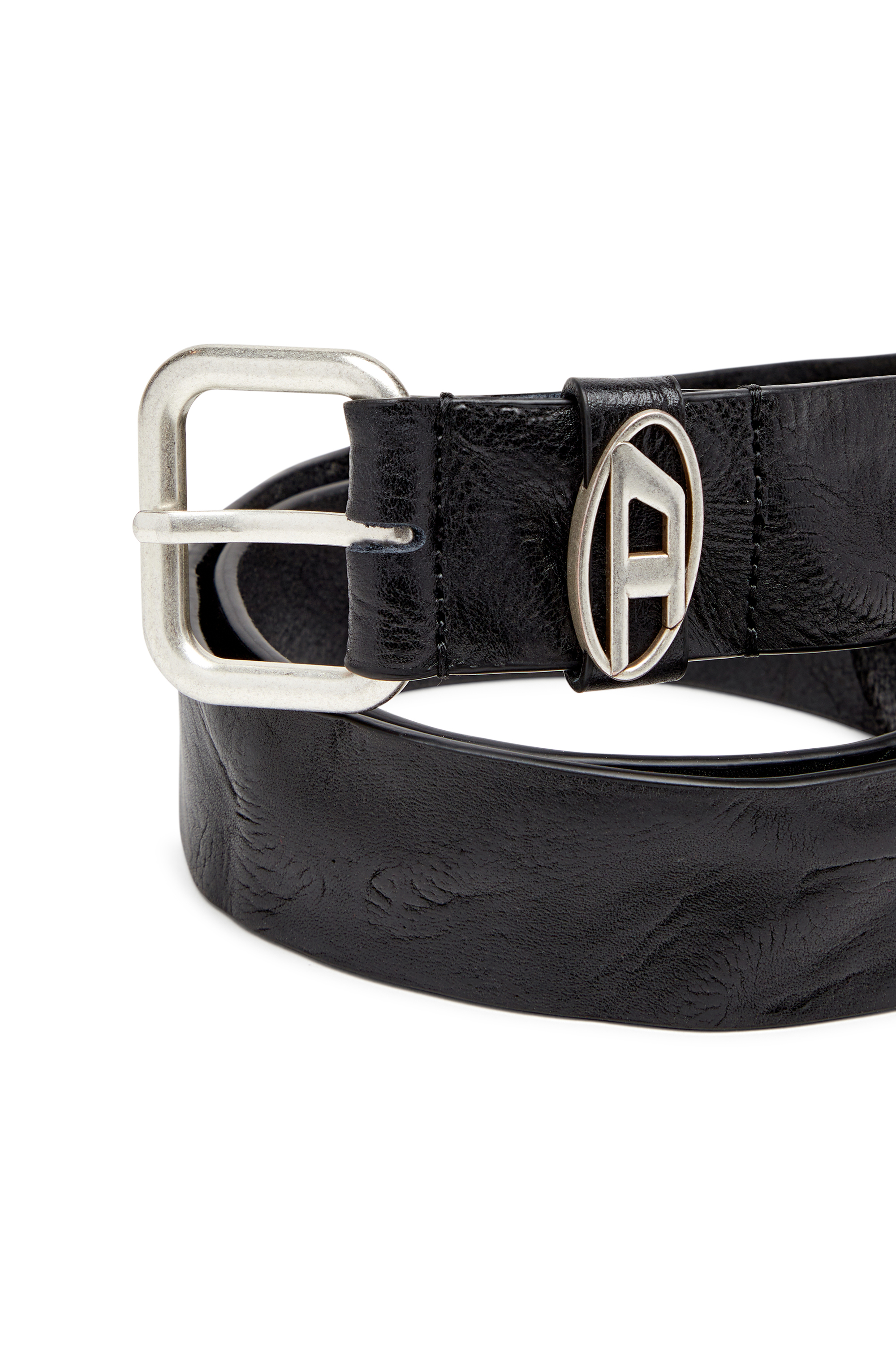 Diesel - B-1DR OVAL D LOOP, Unisex's Logo-plaque wrinkled leather belt in Black - 3