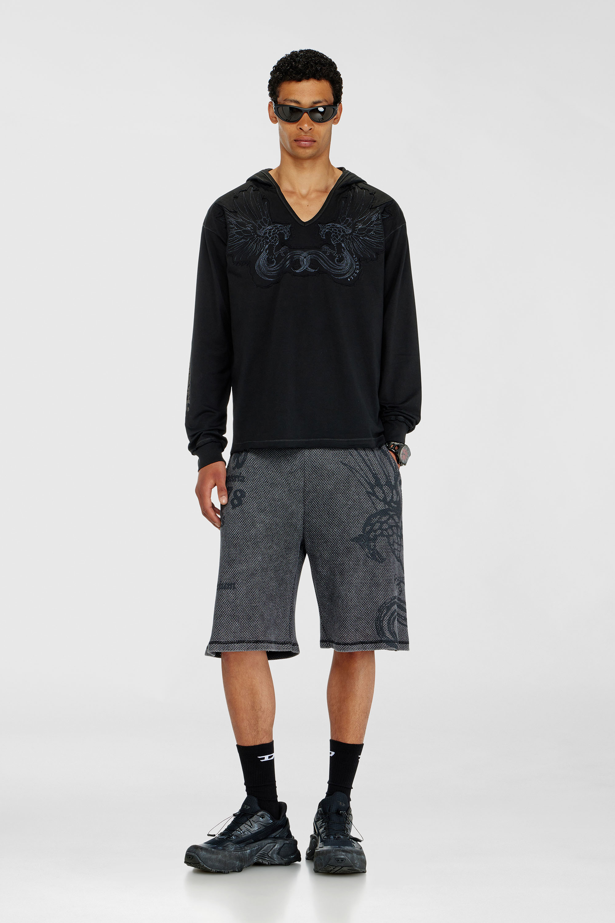 Diesel - T-PHEN-LS-HOOD-RIB, Man's Hoodie with V-neck and embroidered front in Black - 1