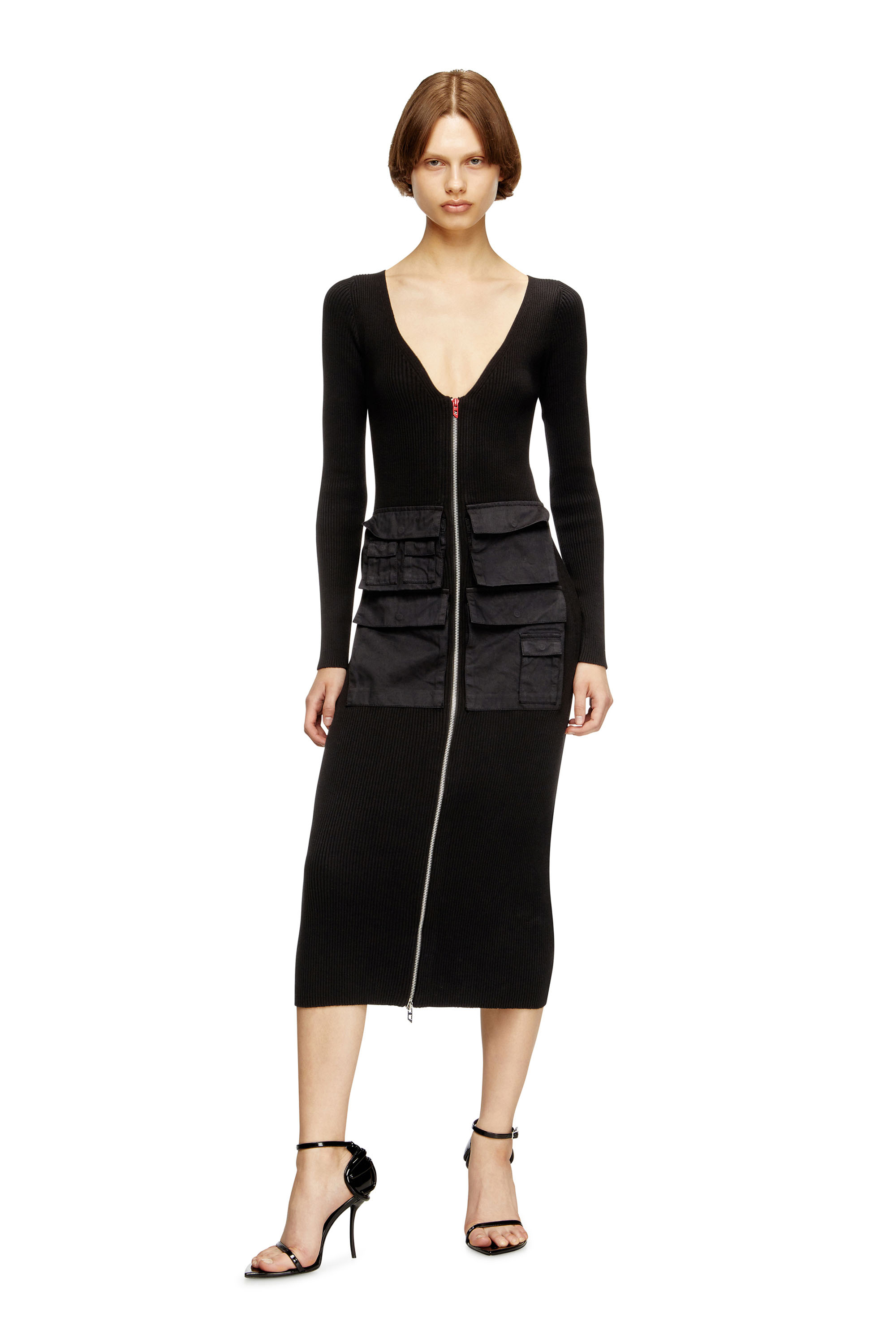 Diesel - M-MELTI-LS, Woman's Ribbed midi dress with cargo pockets in Black - 2