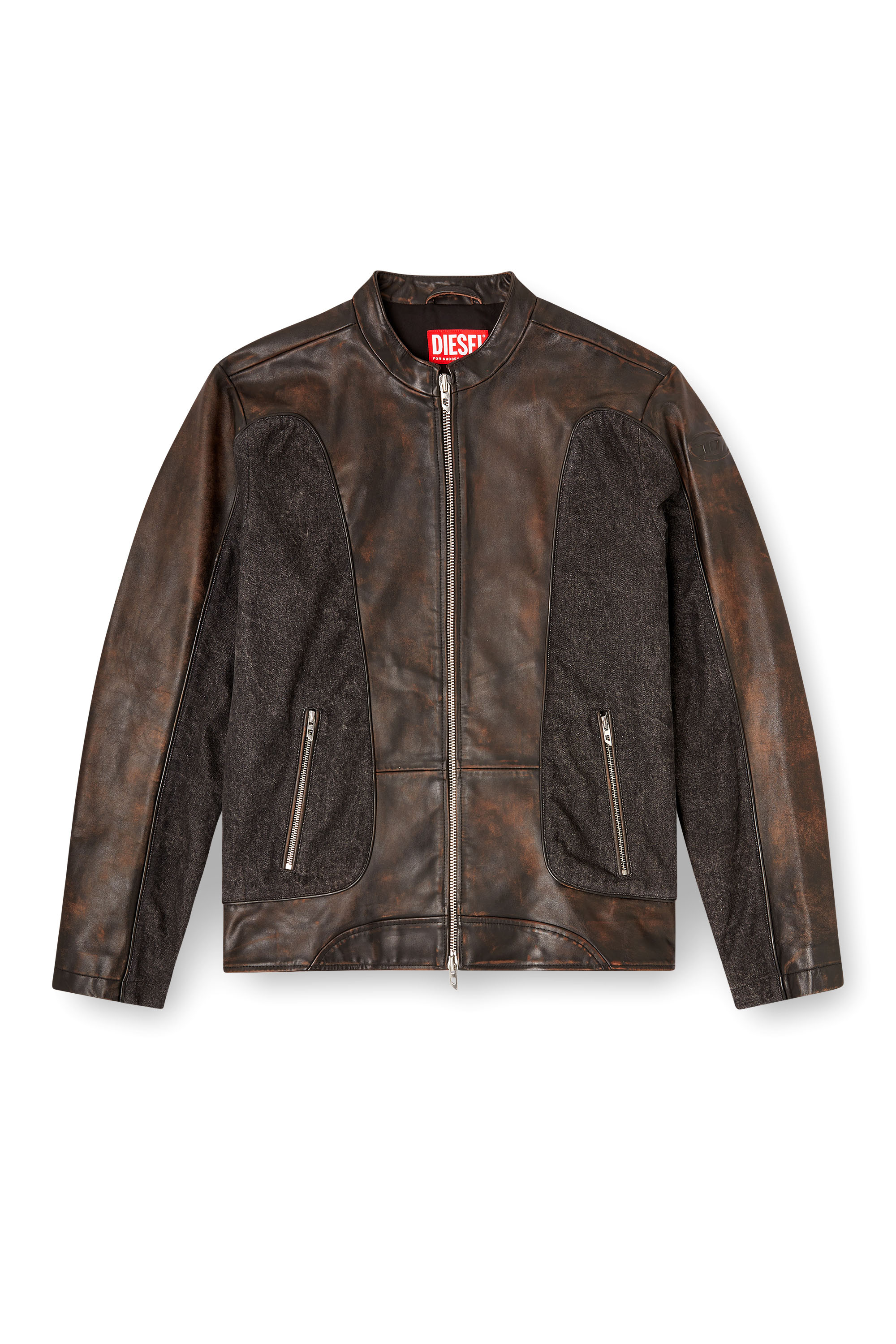 Diesel - L-KRILL-DNM, Man's Piped biker jacket in leather and denim in Brown - 3