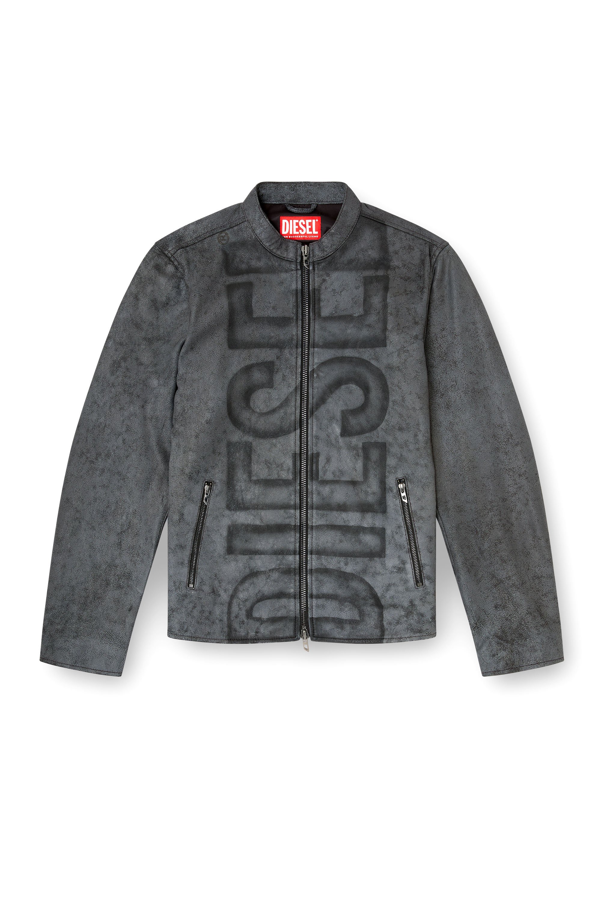 Diesel - L-EVERT-A, Man's Treated leather biker jacket with faded logo in Grey - 3