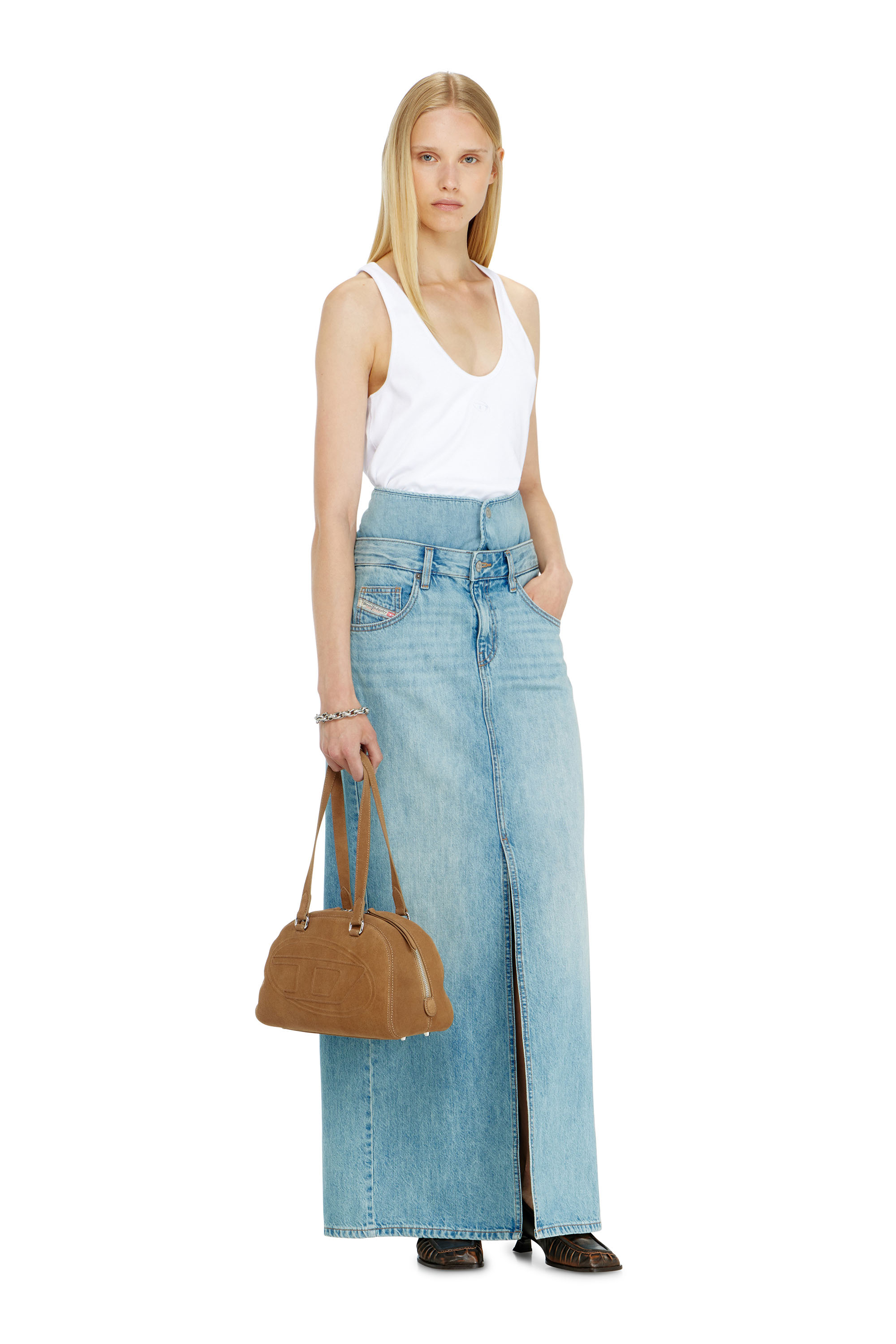 Diesel - DE-SPIVEY, Woman's Jean-illusion denim maxi skirt with slits in null - 1