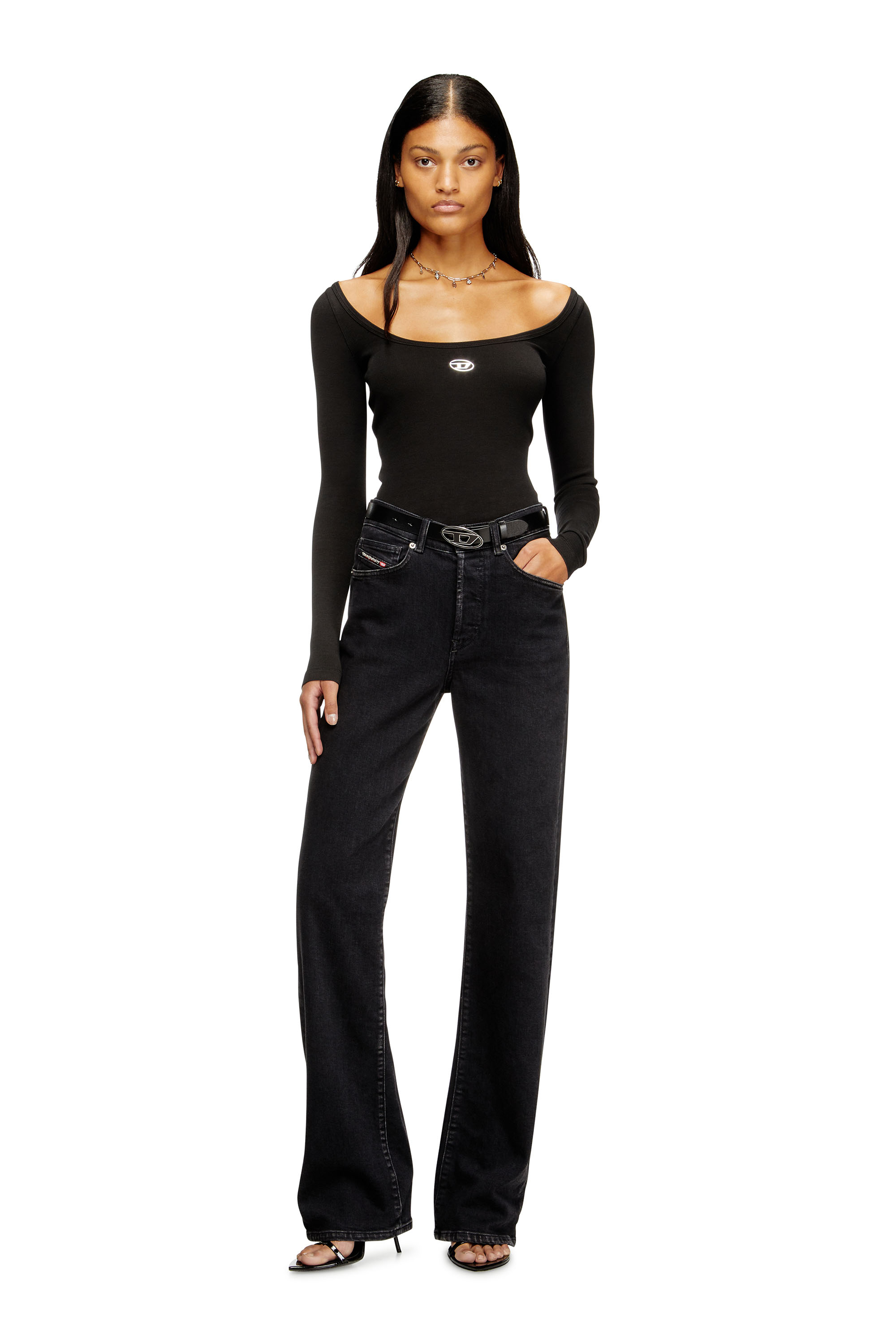 Diesel - T-BAL-OD, Woman's Long sleeve ribbed top with metallic Oval D in Black - 2