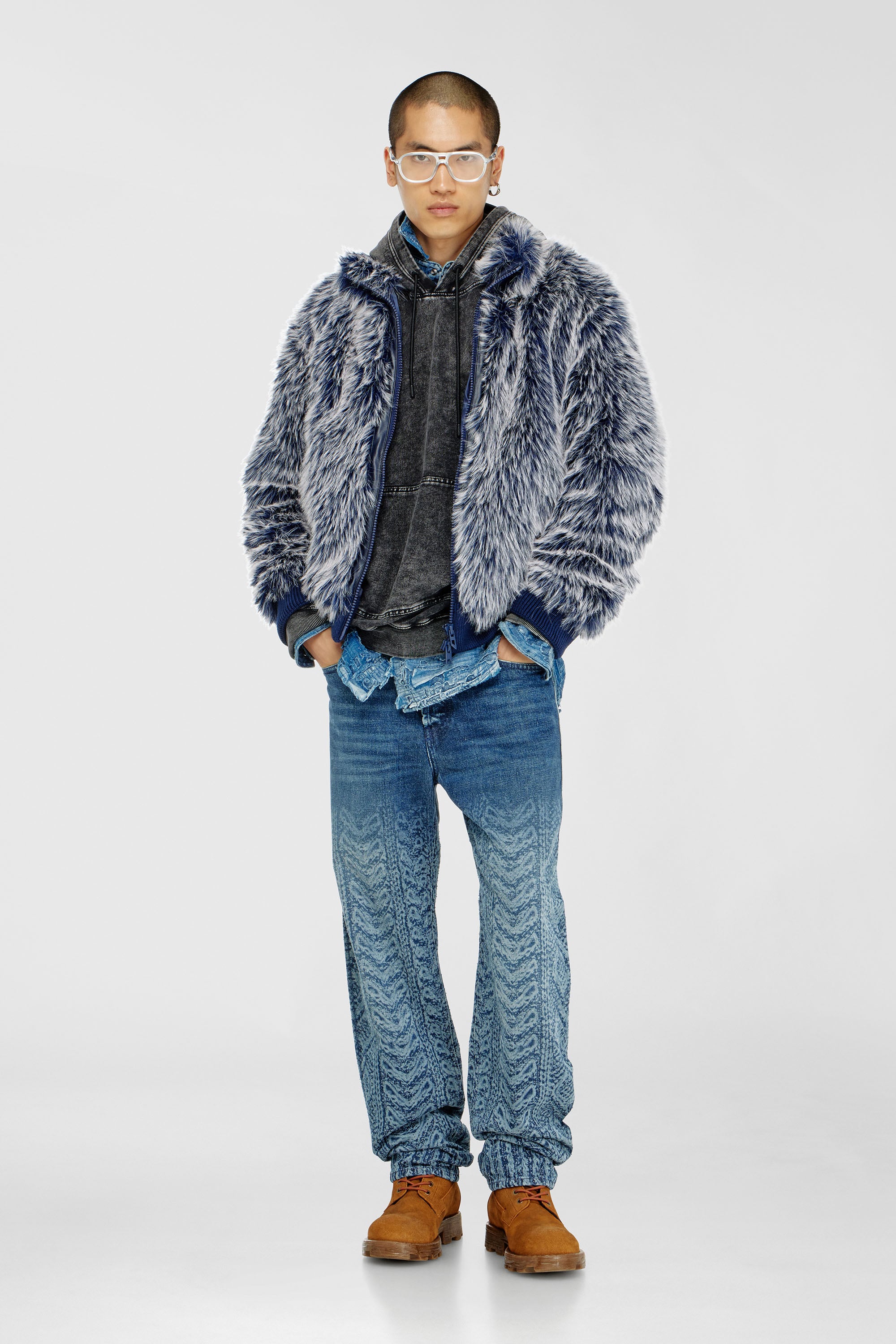 Treated denim-effect hoodie