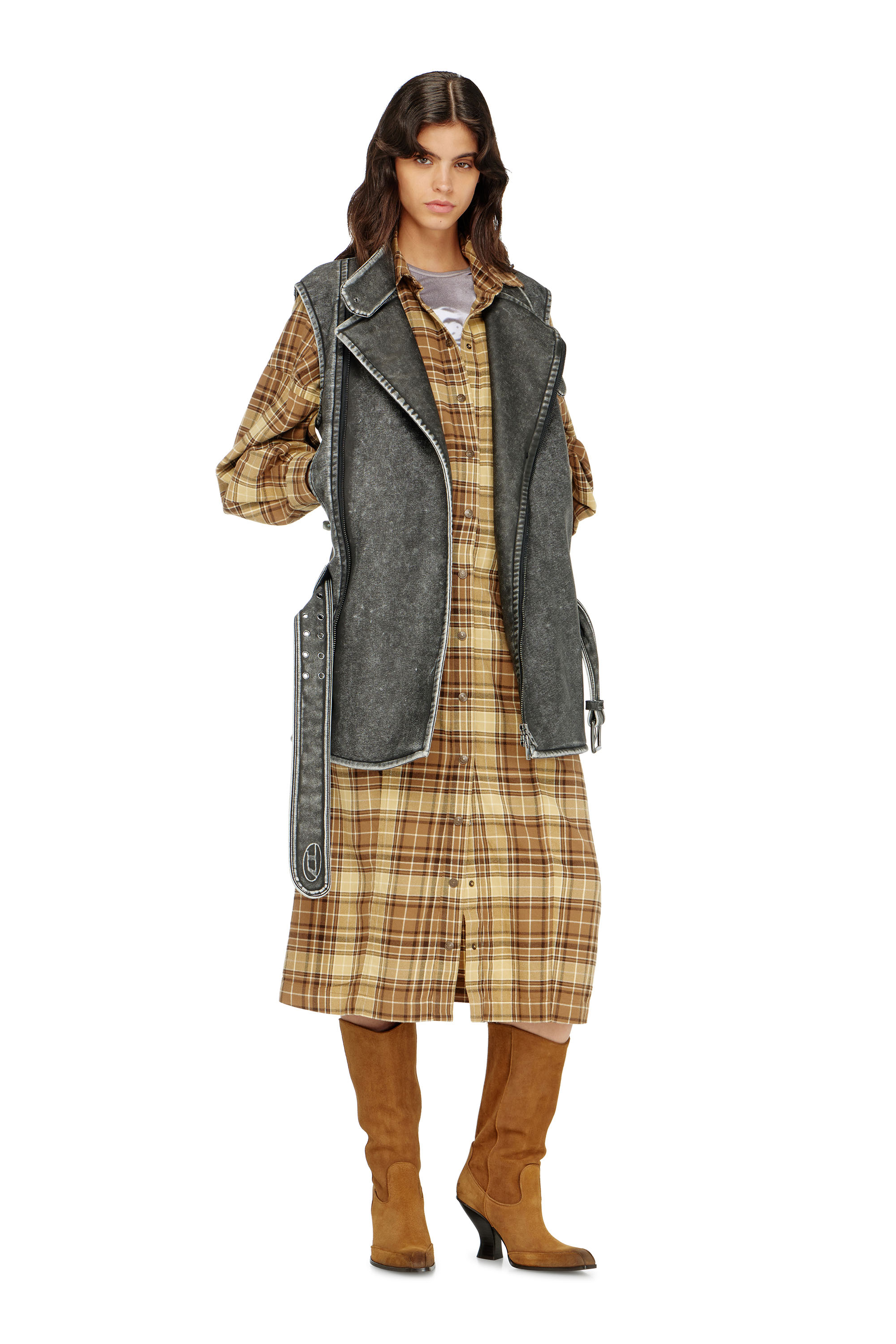 Diesel - D-EDALUS, Woman's Midi dress in check flannel with wide belt in Brown/Yellow - 1