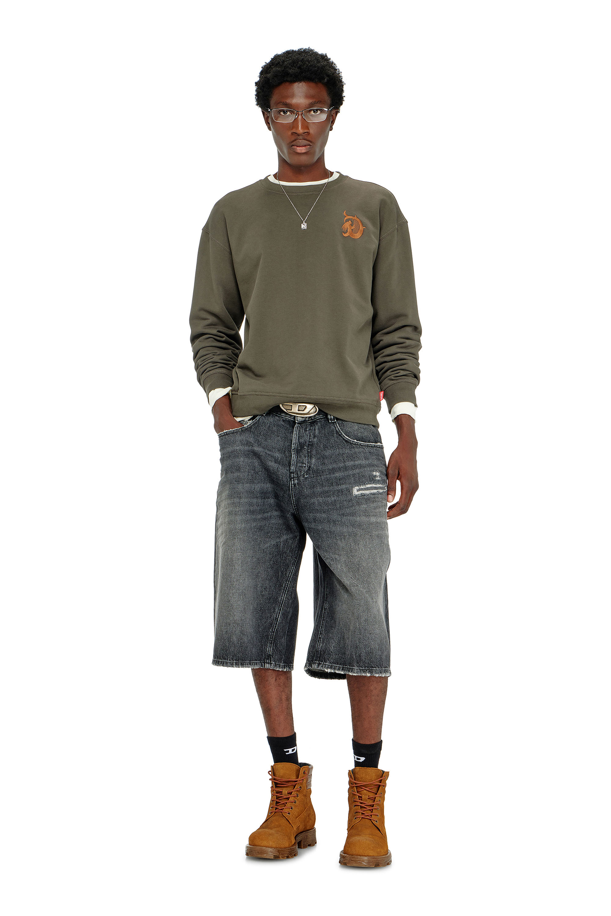 Diesel - S-NORM-AA4, Man's Sweatshirt with embroidery and flock print in Military Green - 2