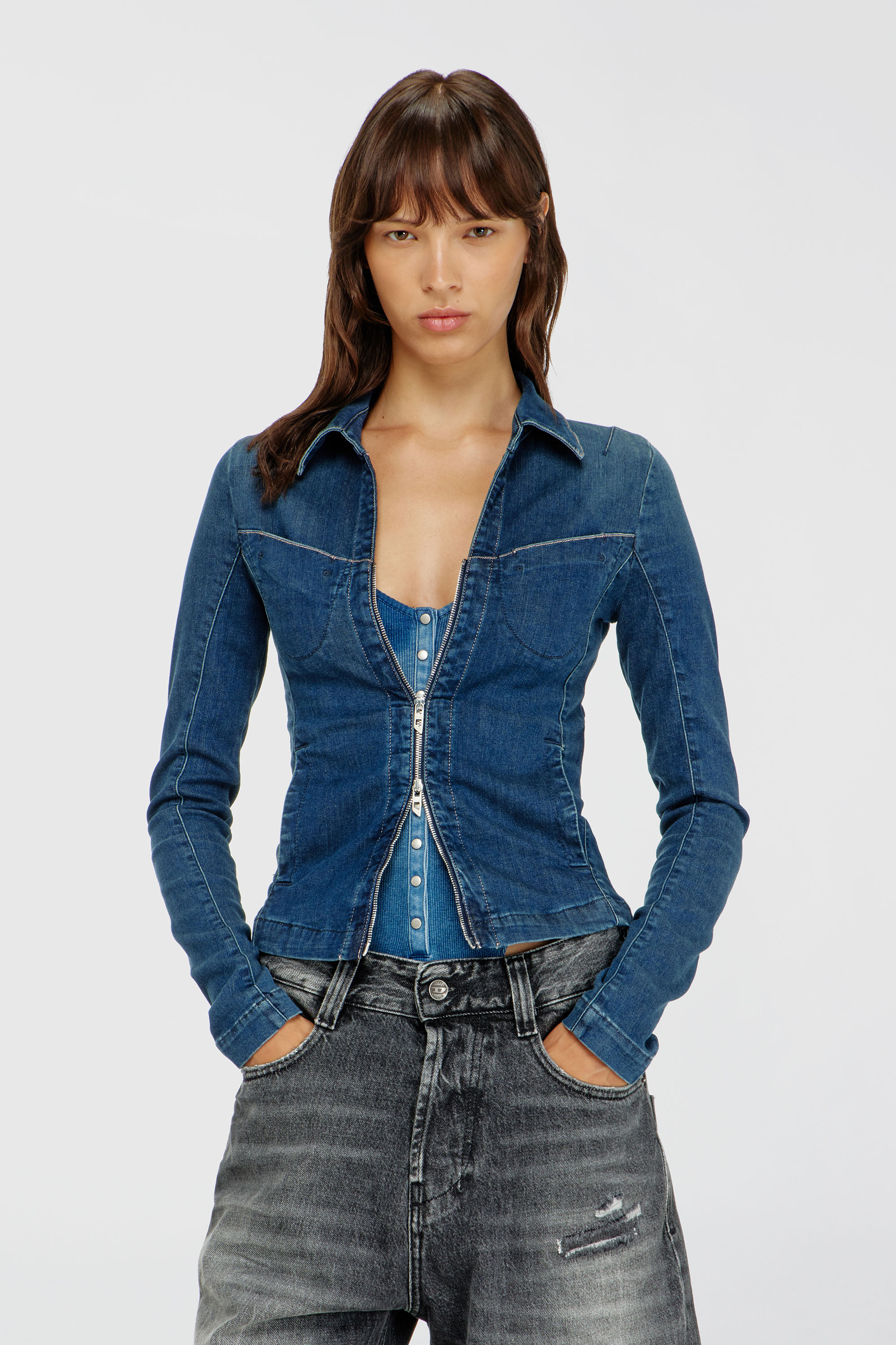 Diesel - DE-QUINOR-S1, Woman's Full-zip shirt in denim in Medium blue - 3