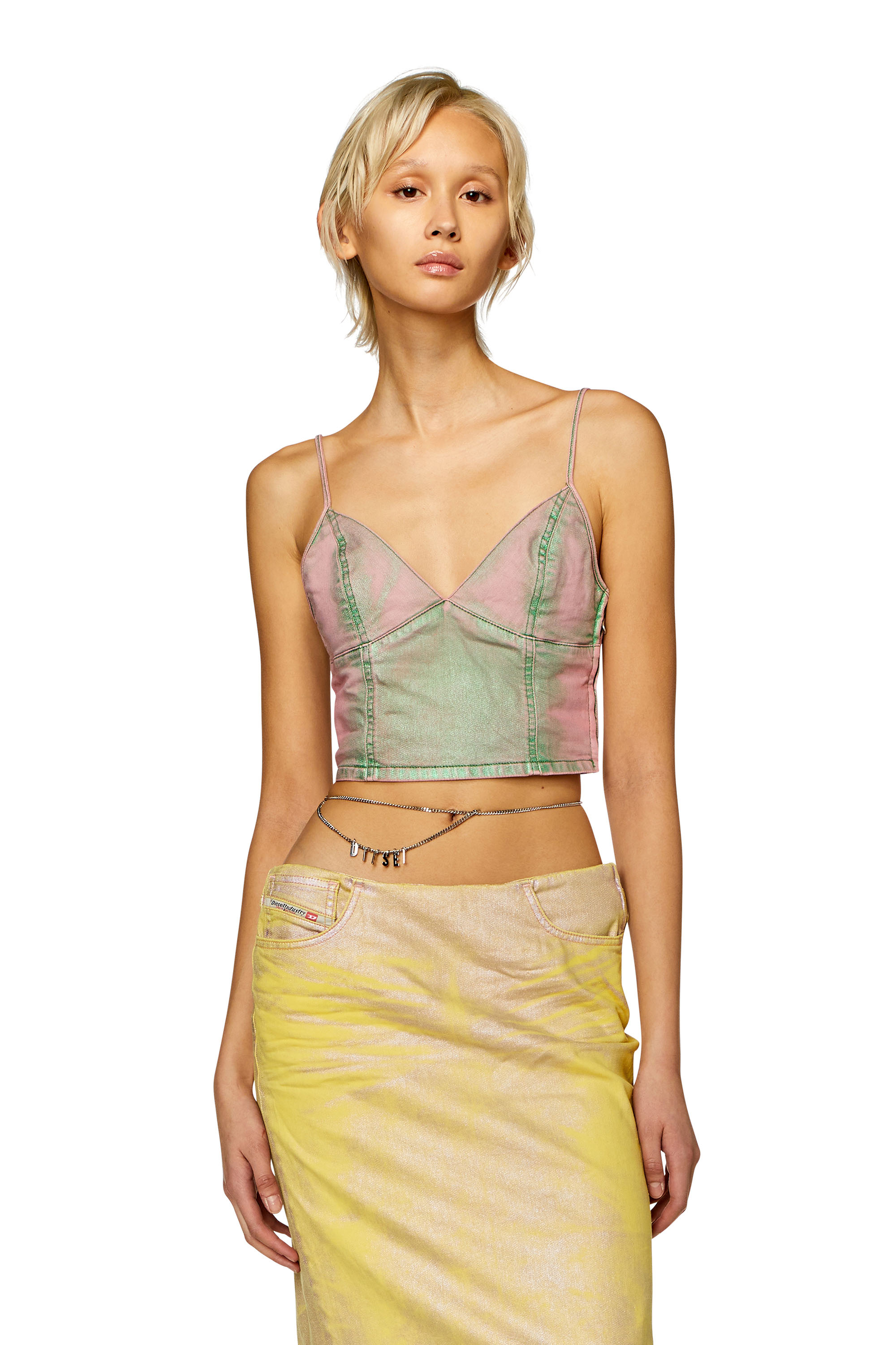 Diesel - DE-FULVY-S, Woman's Top in bicolour laminated denim in Pink/Green - 3