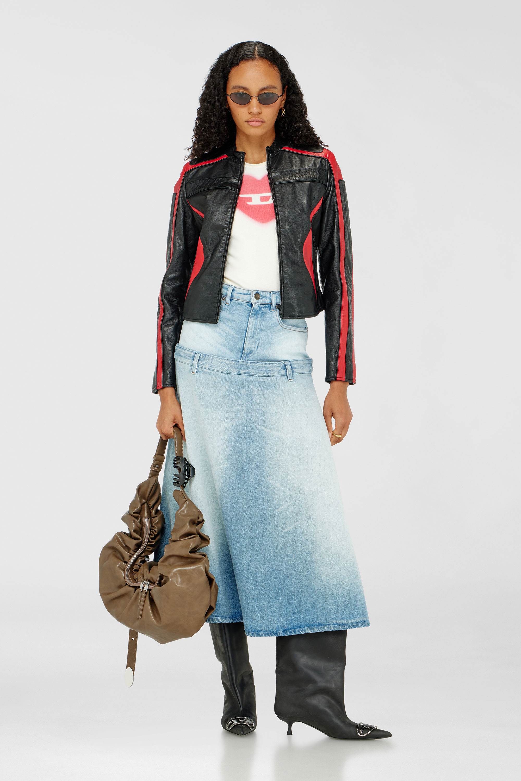 Diesel - L-OVABLE, Woman's Biker jacket in colour-block leather in Black/Red - 2
