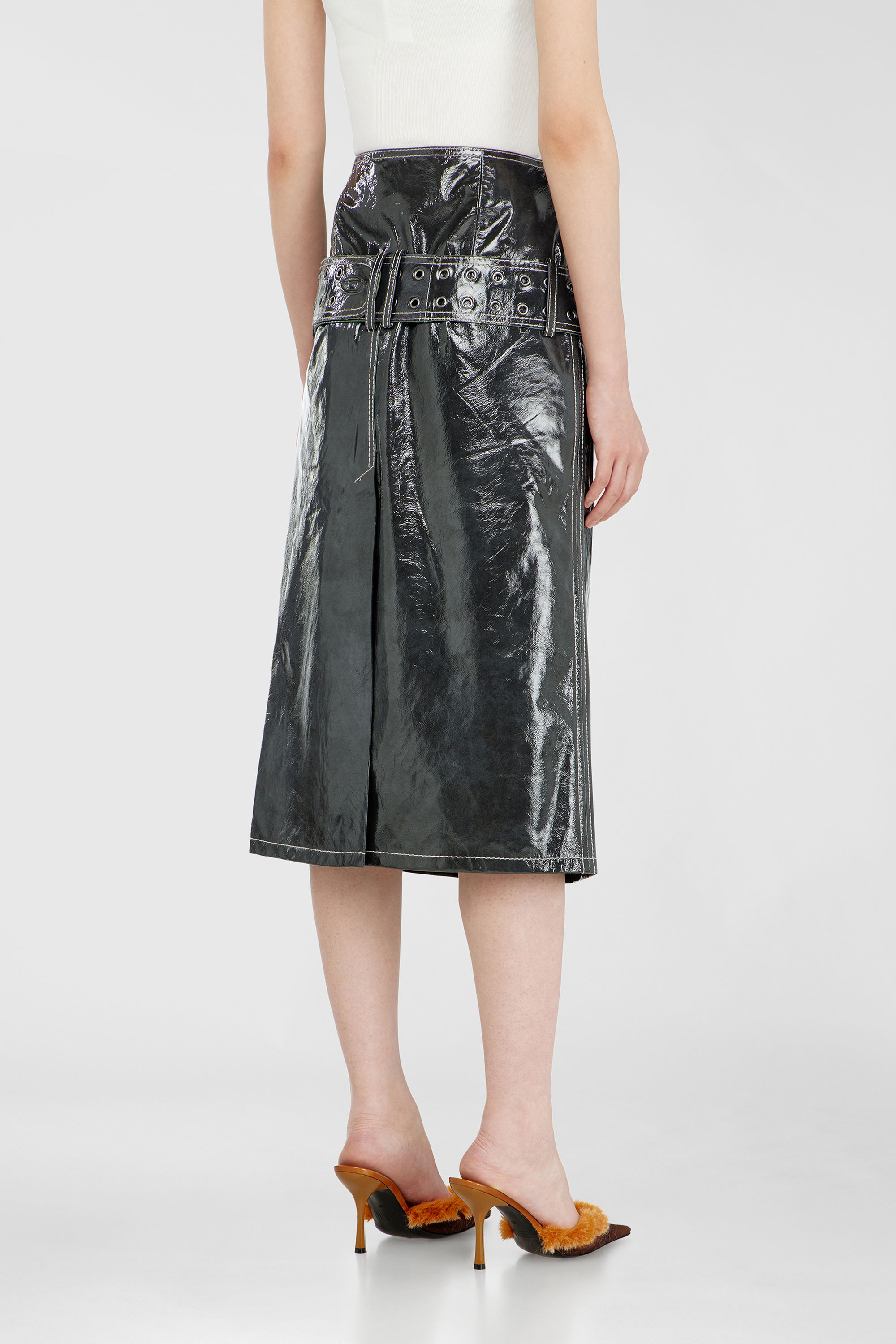 Diesel - L-ASCAR, Woman's Patent-leather midi skirt with belt in Dark grey - 4