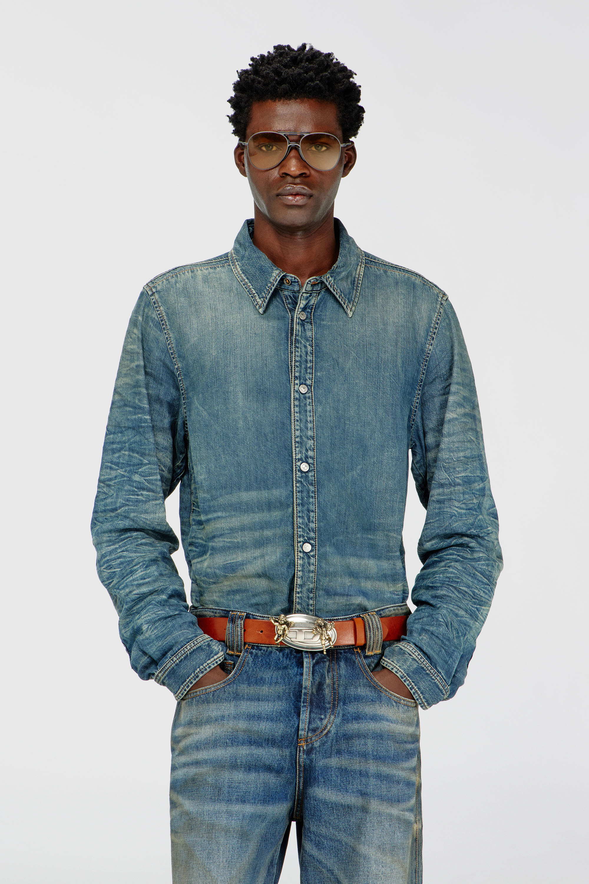 Diesel - D-SYNAR-FSJ4, Man's Shirt in dirty-effect creased denim in Medium blue - 1
